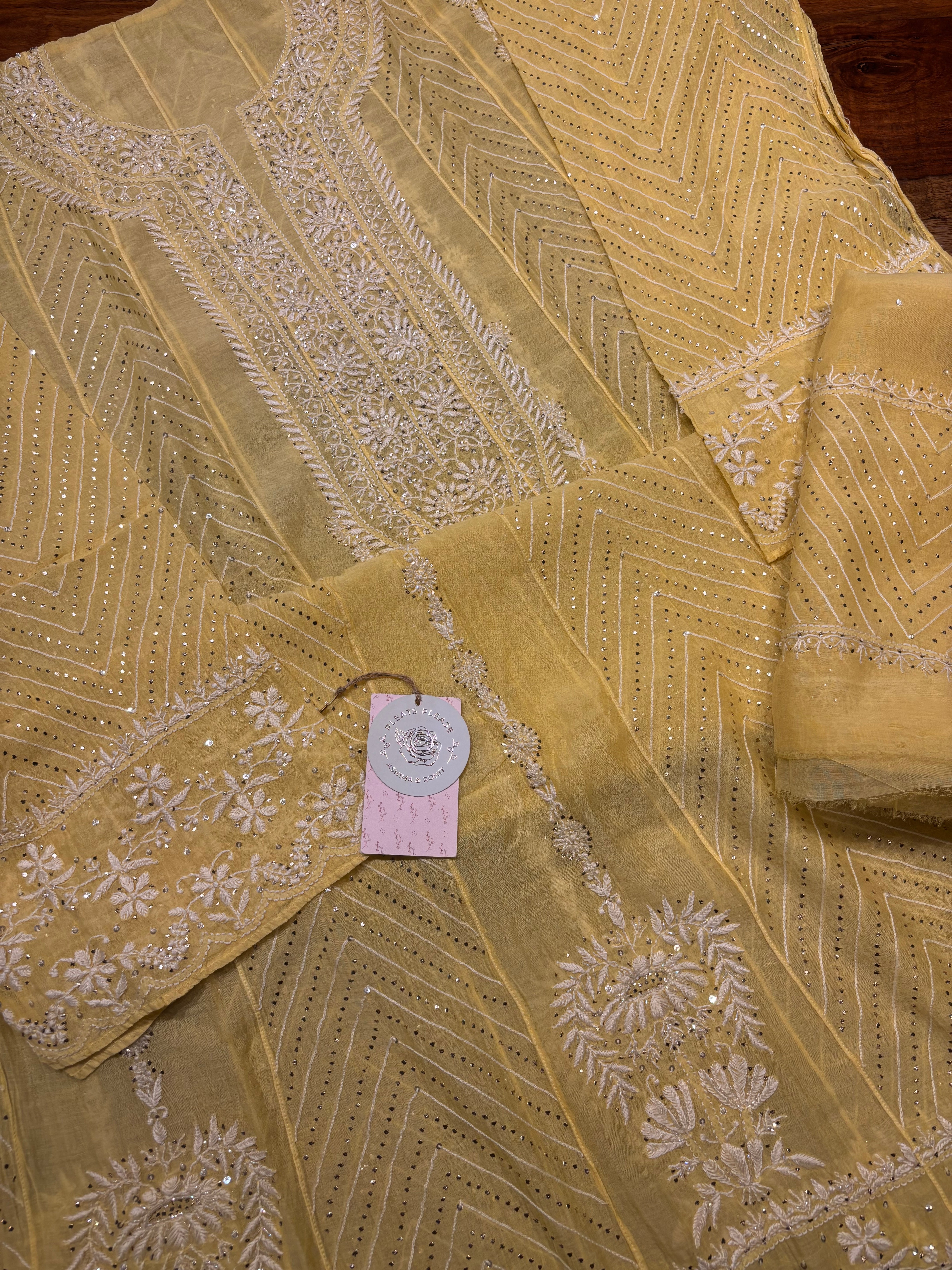 Yellow Chanderi Mul Chikankari & Mukaish Anarkali And Dupatta set