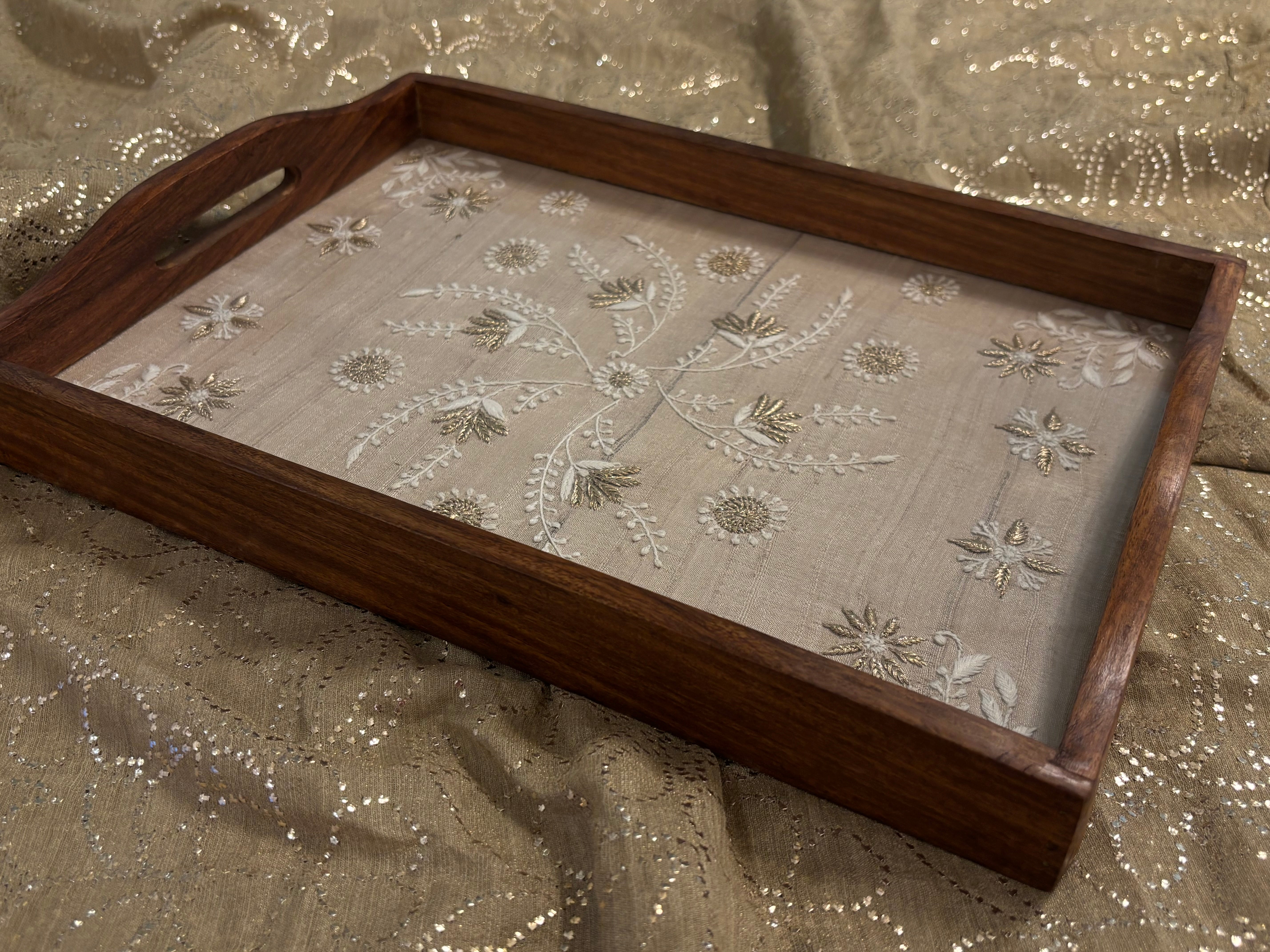 Fawn Silk rectangular Chikankari Tray