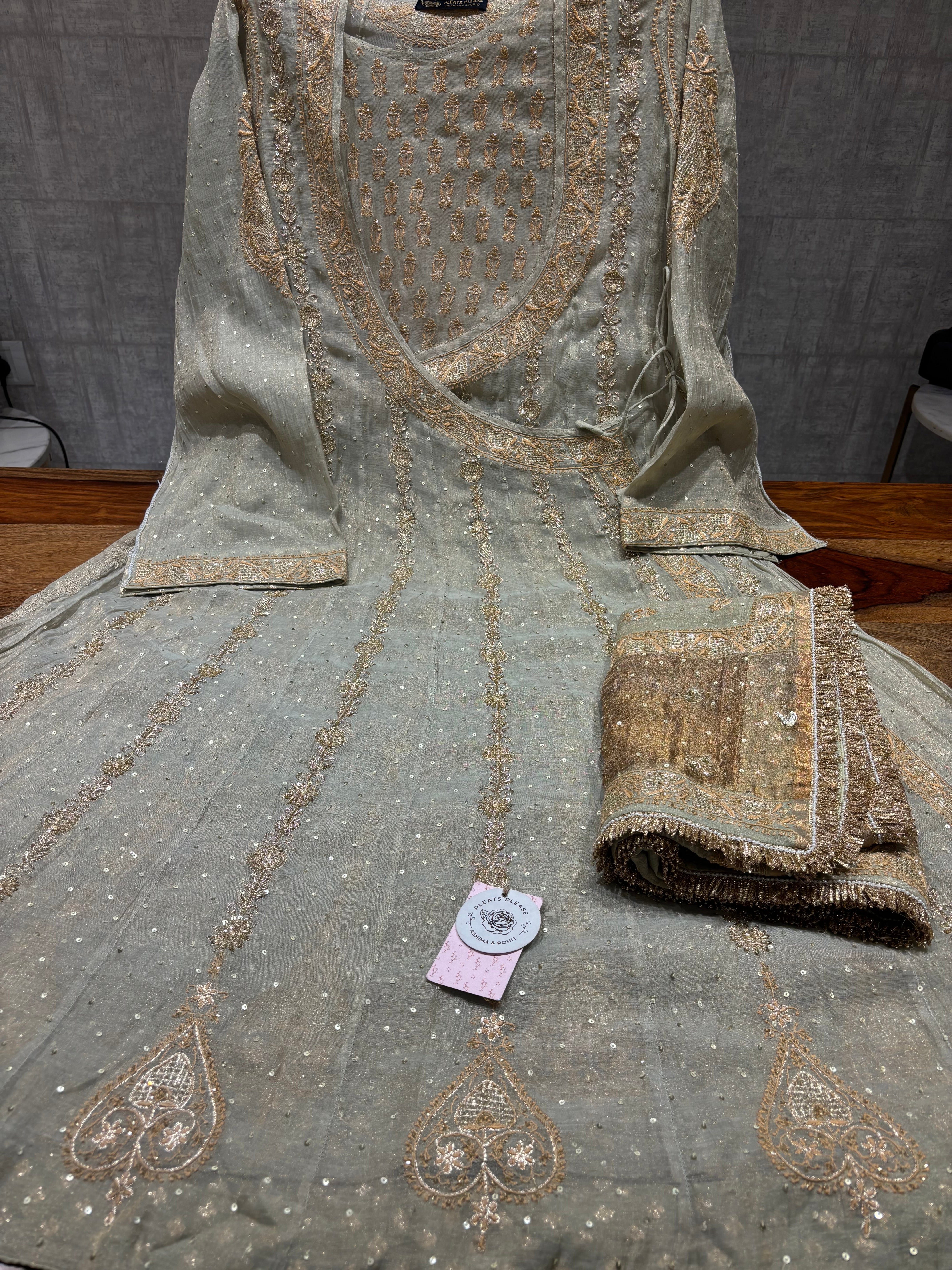 Cardamom Green Pure & Premium Tissue Chikankari Angrakha & Dupatta Set