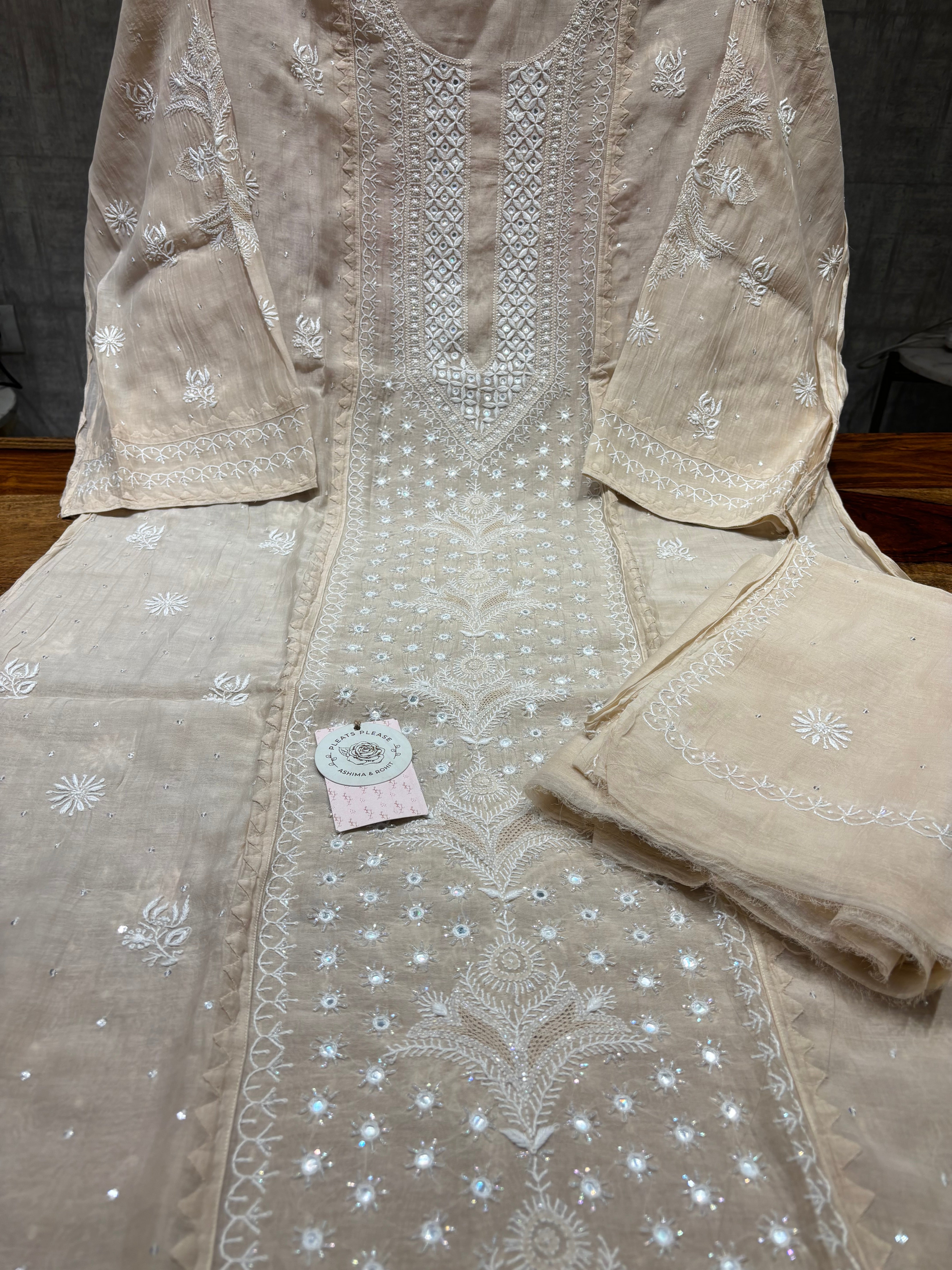 Coffee Cream Chanderi Mul Chikankari Kurta and Dupatta Set