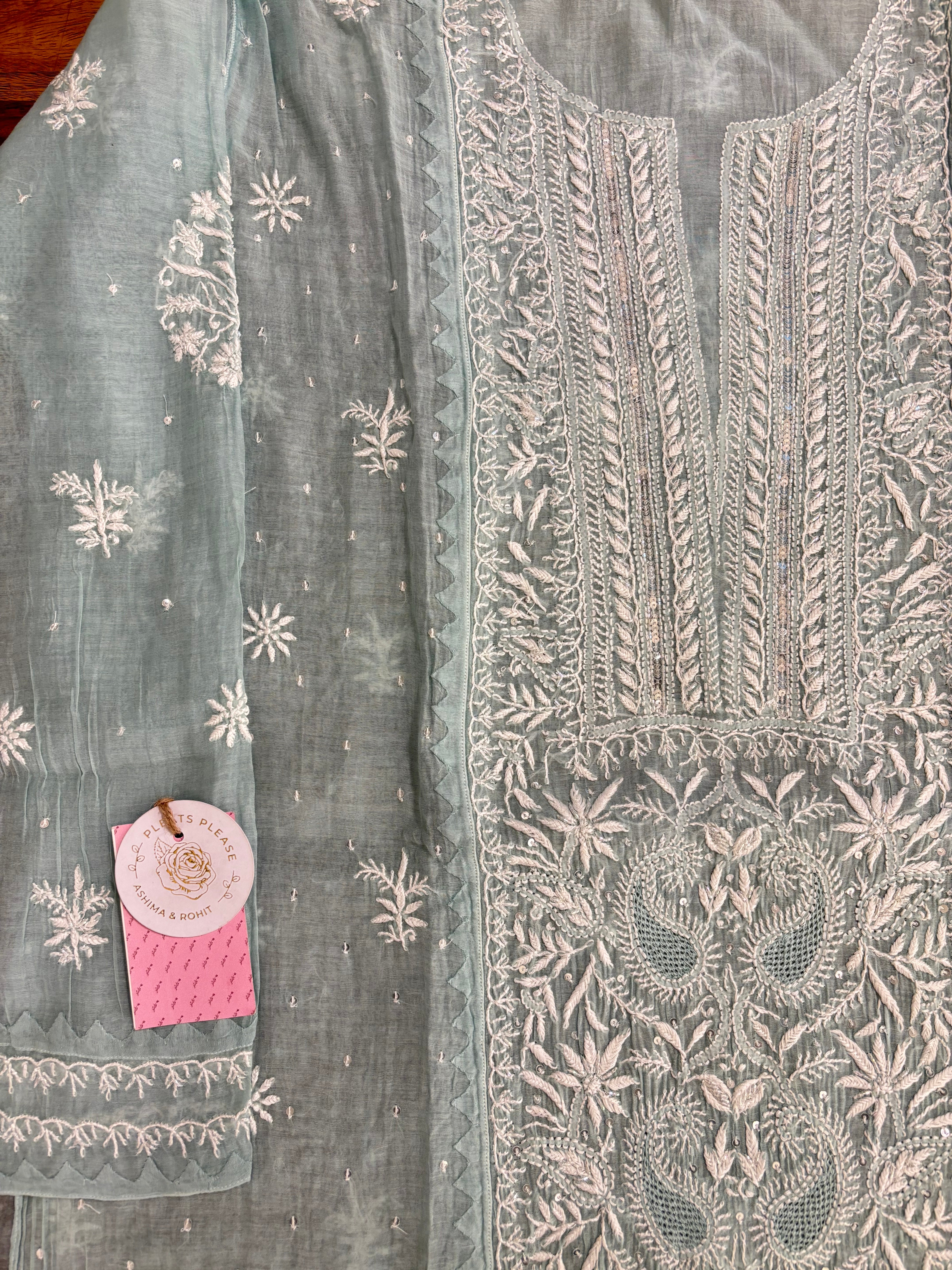 Ice Blue Chanderi Chikankari Kurta & Dupatta