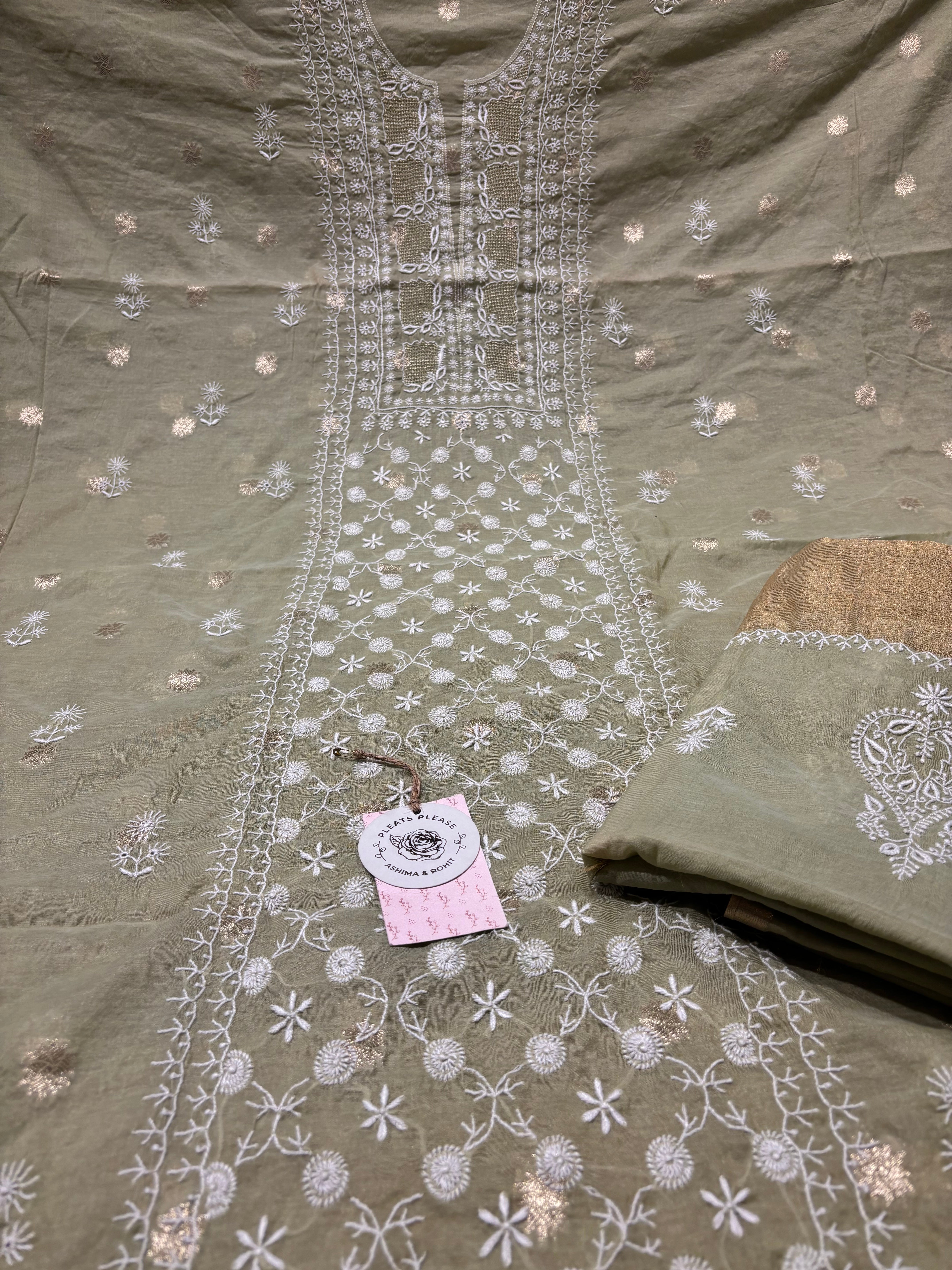 Green Chanderi silk Chikankari Kurta and Dupatta Fabric