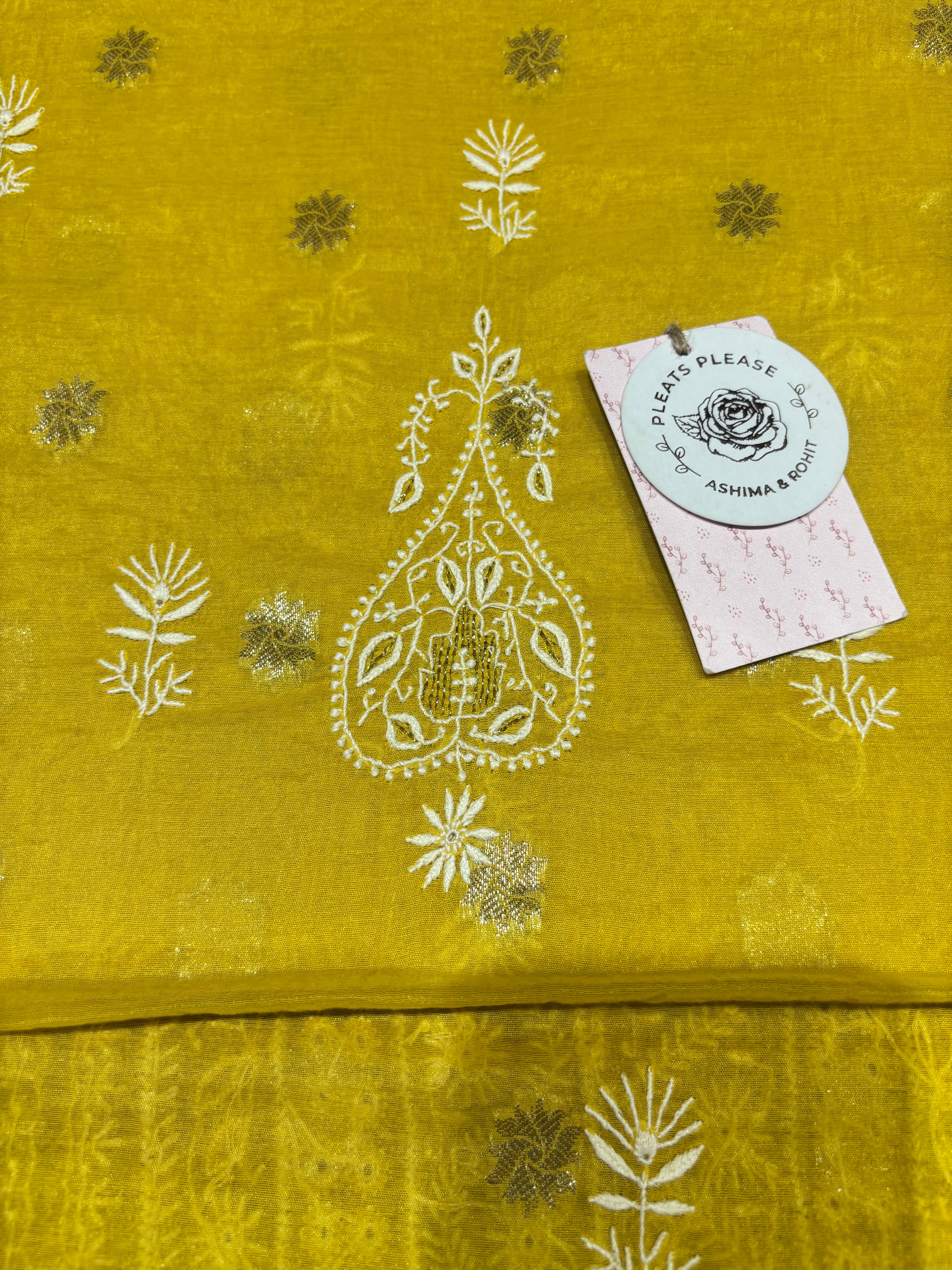 Yellow Chanderi Silk Chikankari Kurta & Dupatta Fabric