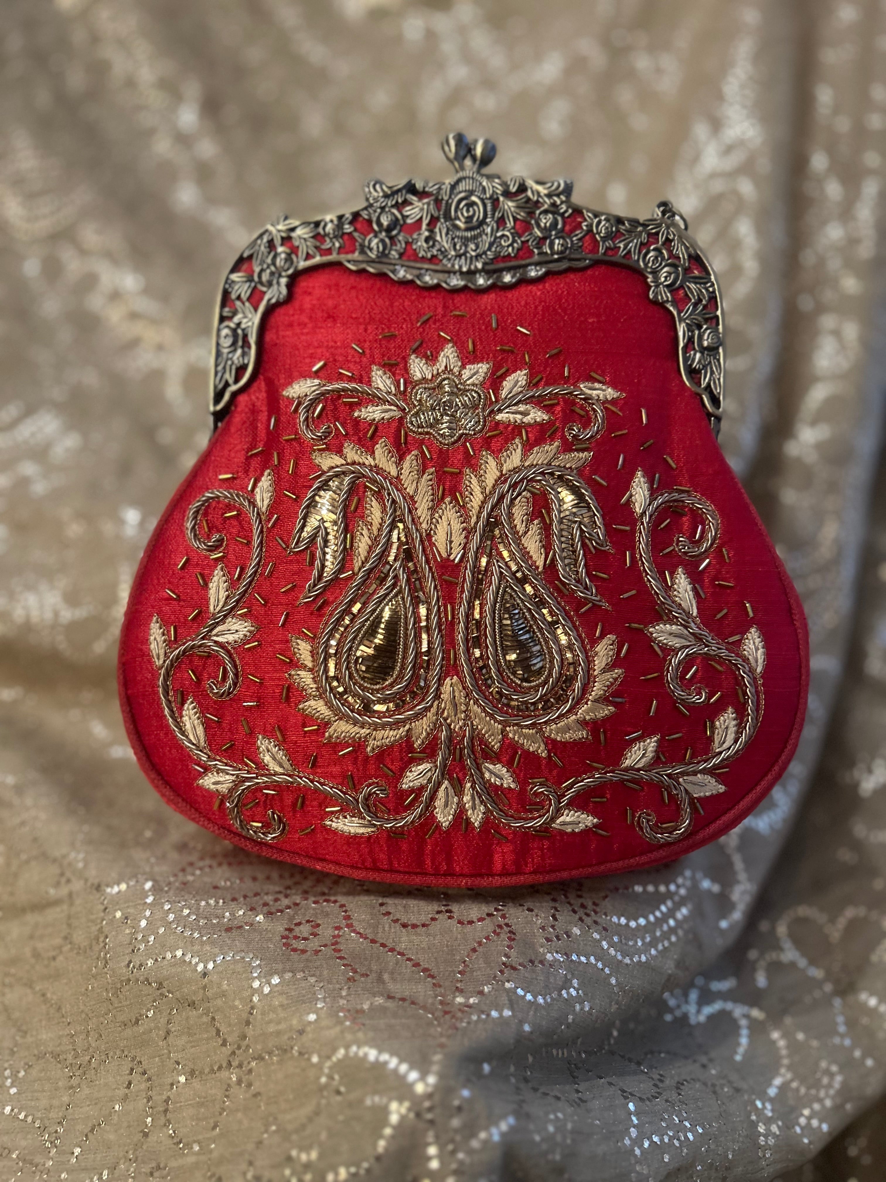 Red Zardozi Mukaish Chikankari Clutch Bag