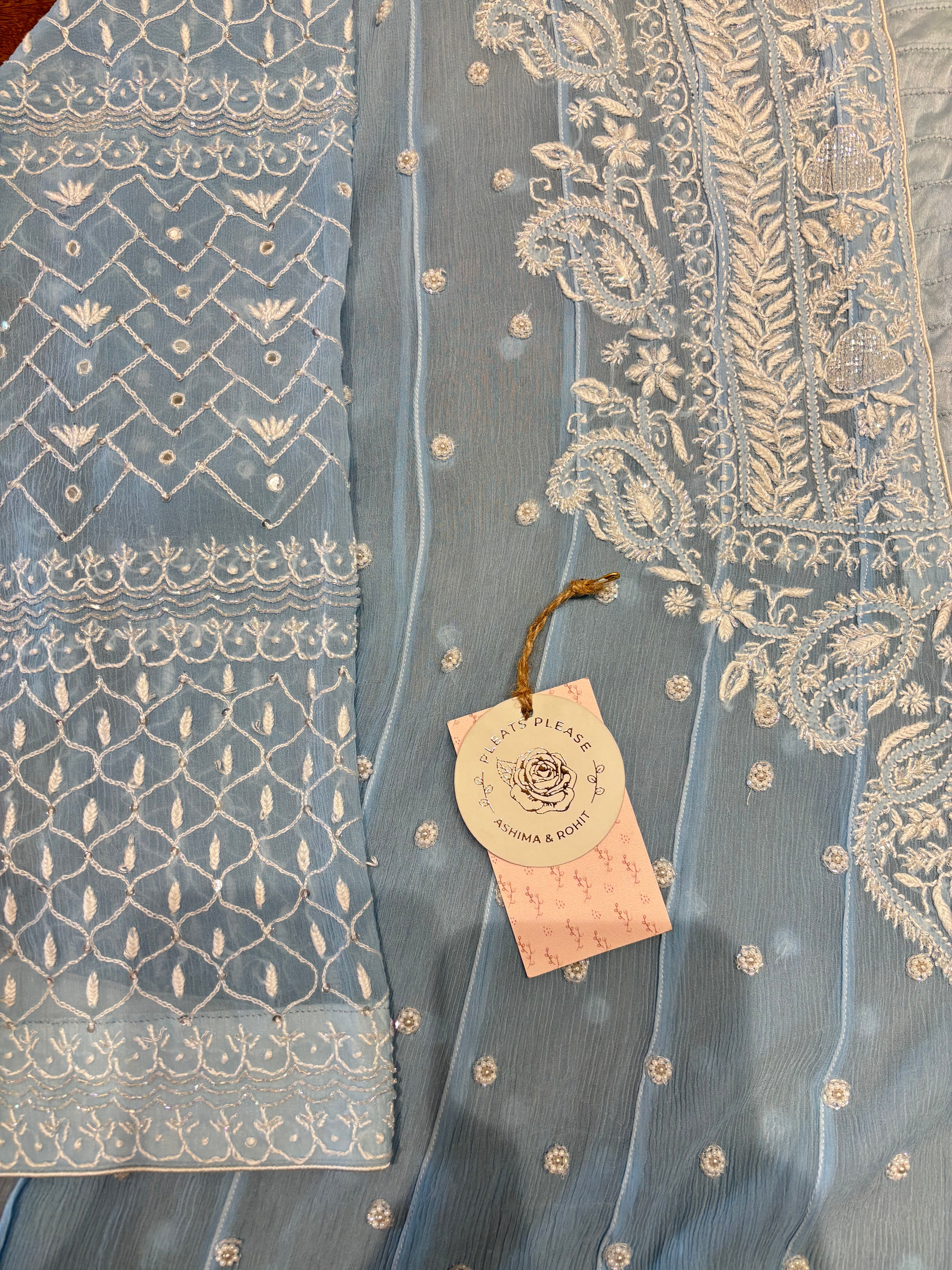 Powder Blue Chiffon Chikankari Anarkali & Dupatta