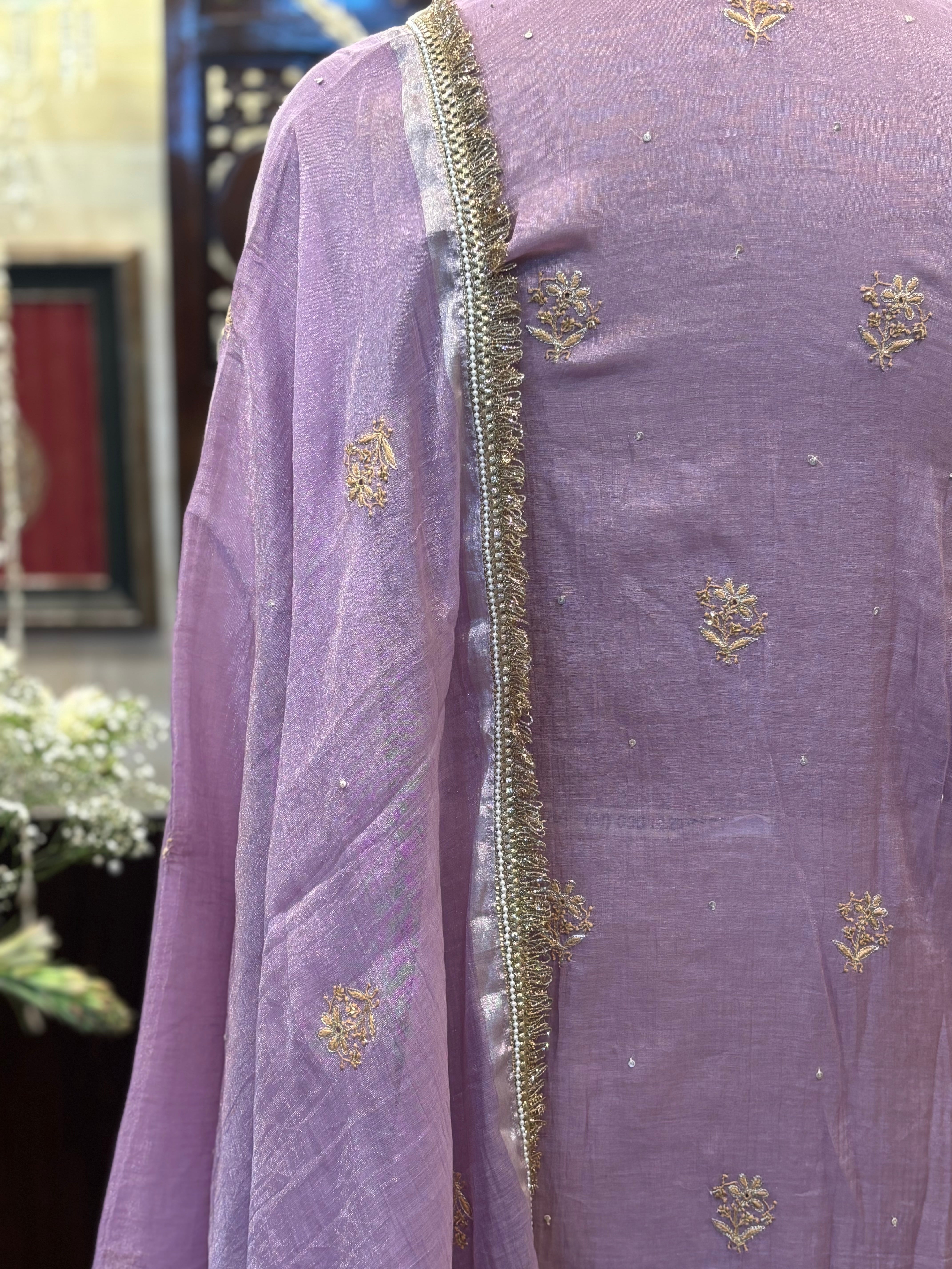 Lavender Pure & Premium Tissue Chikankari Kurta & Dupatta Set