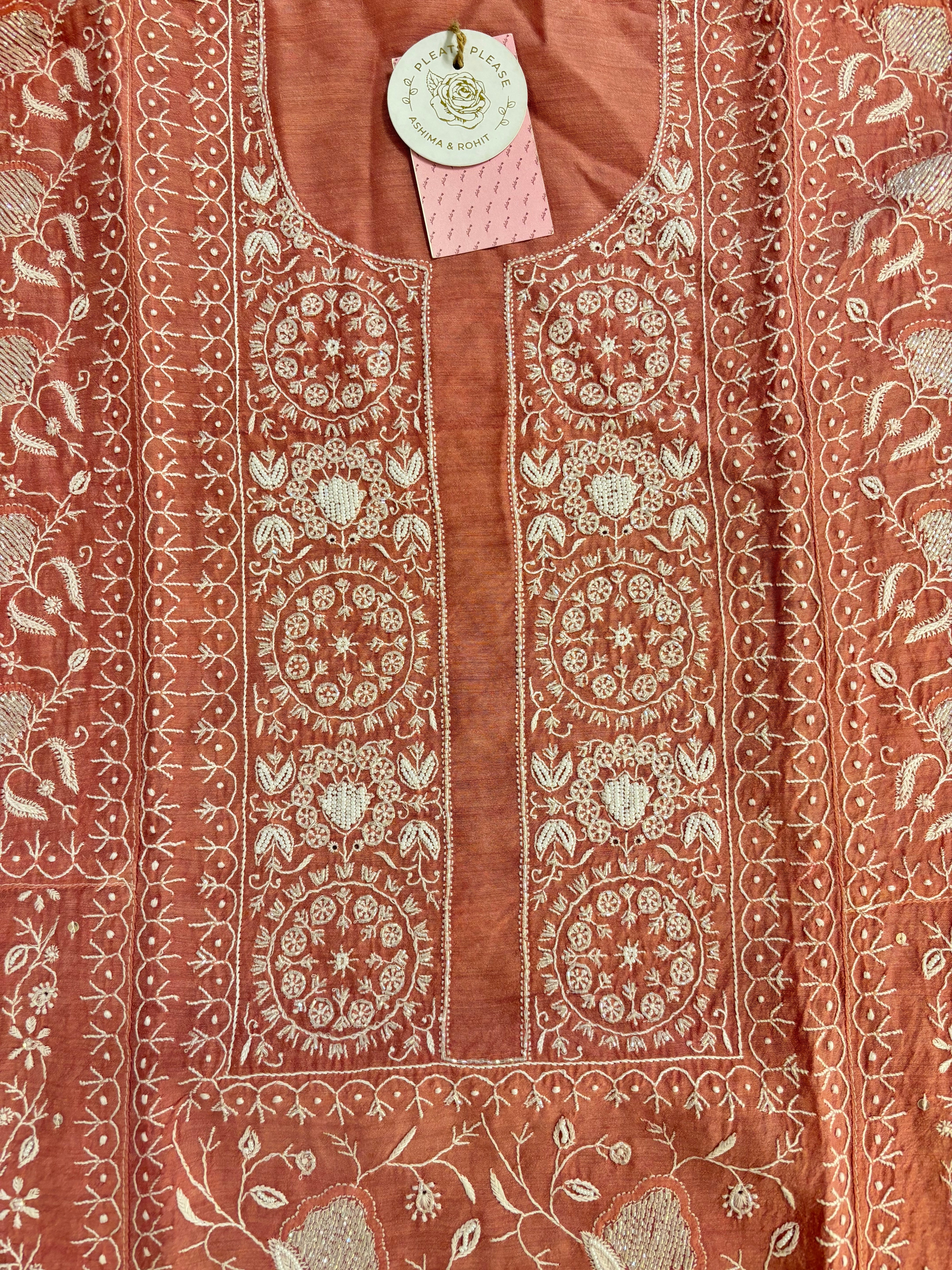 Peach Monga Silk Chikankari Anarkali & Dupatta Set