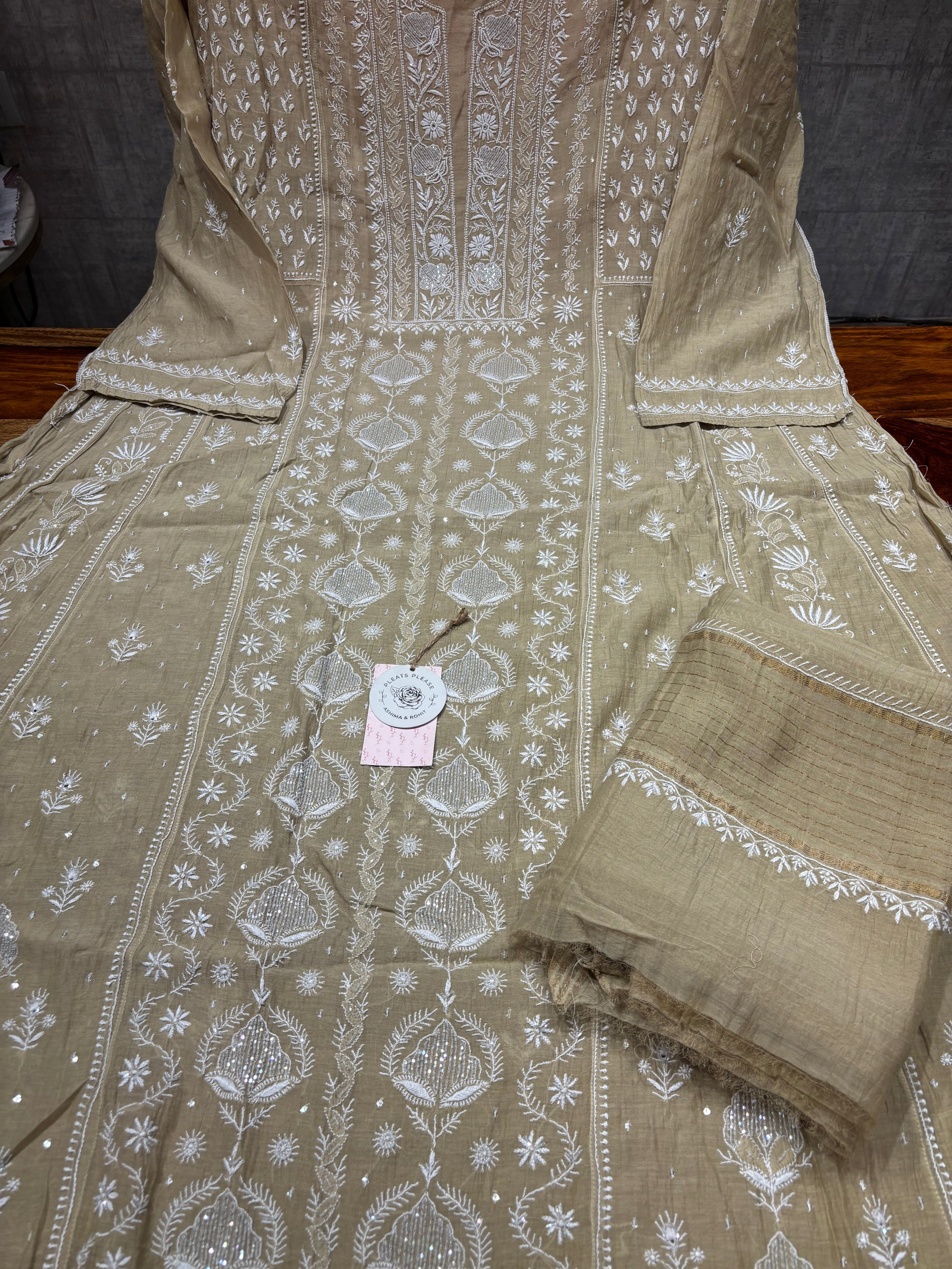 Sand drift Chanderi Mul Chikankari Anarkali and Dupatta set