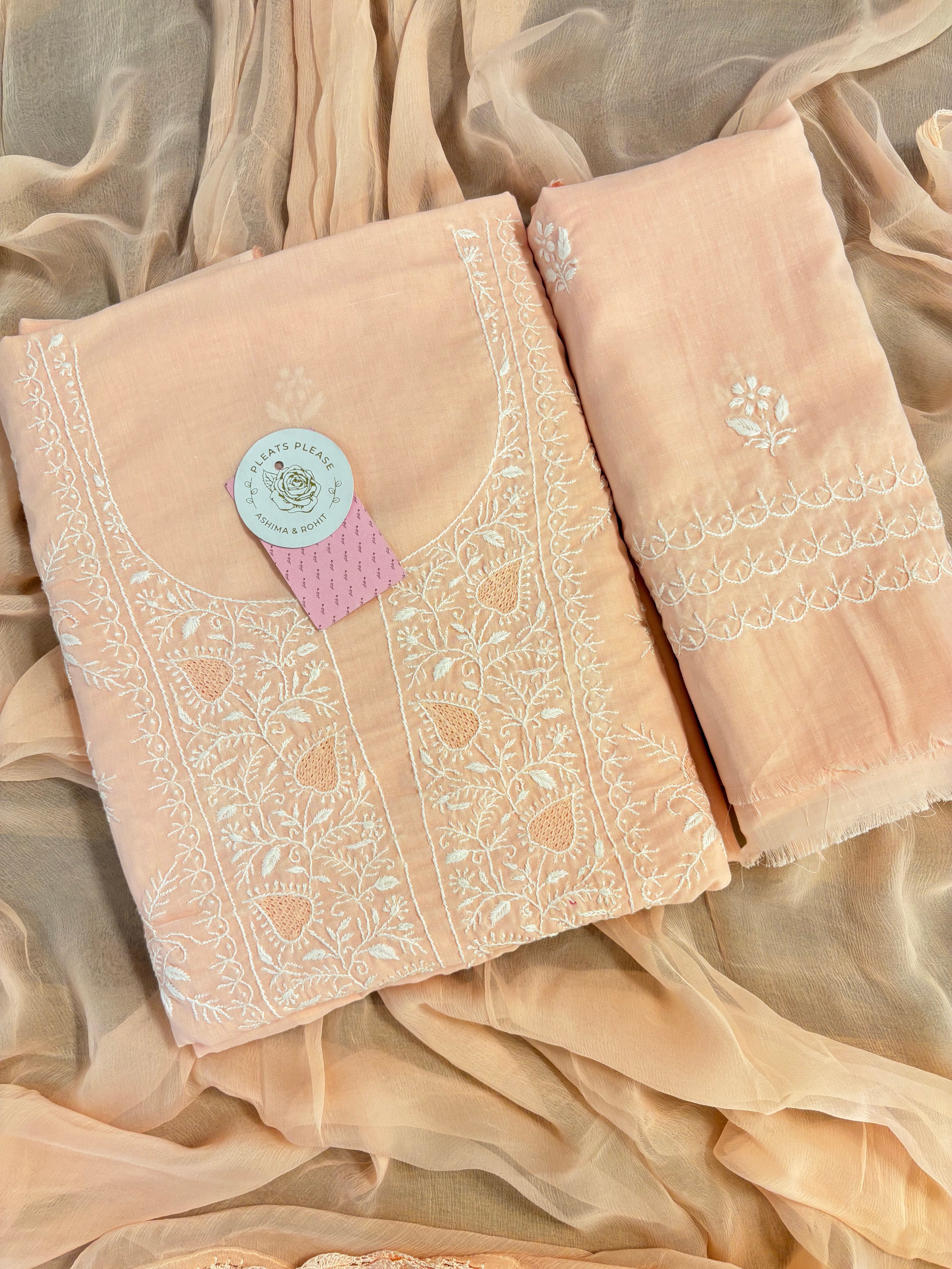 Peach Cotton Chikankari Kurta, Dupatta With Bottom