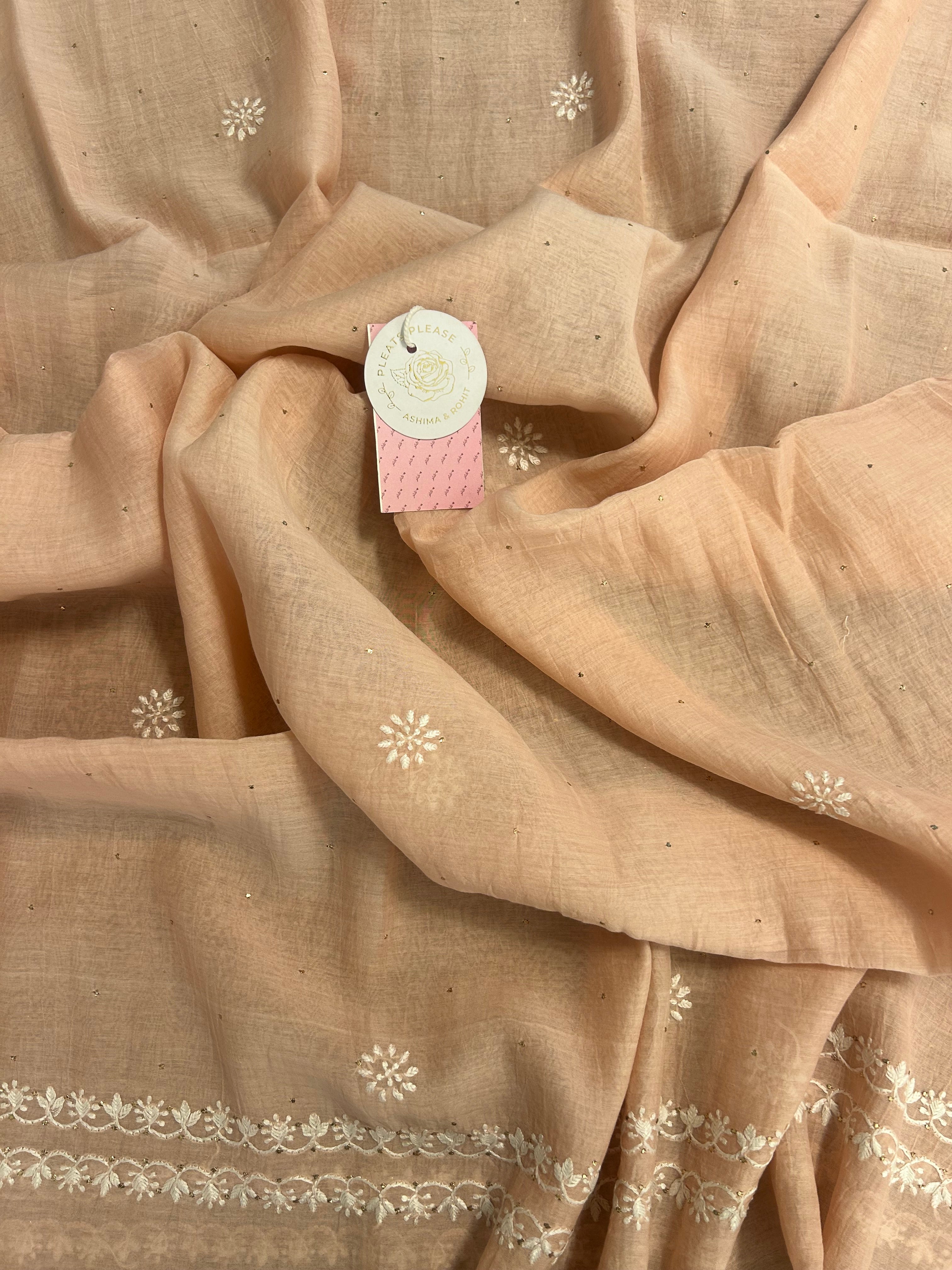 Dusty peach Chanderi Chikankari Mukaish Kurta & Dupatta - Pleats PleaseChikankari
