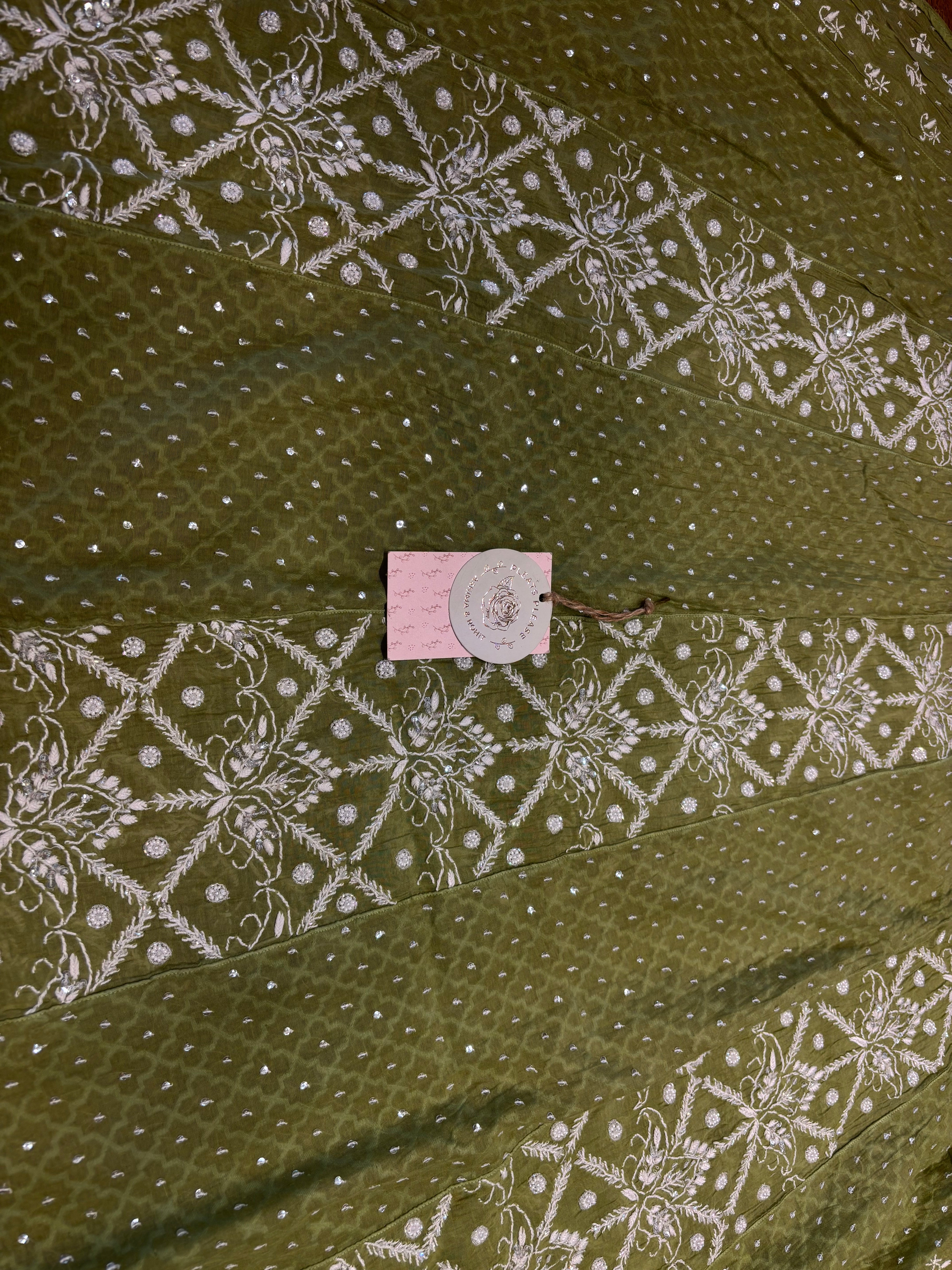 Olive Green Chanderi Mul Chikankari Anarkali and Dupatta