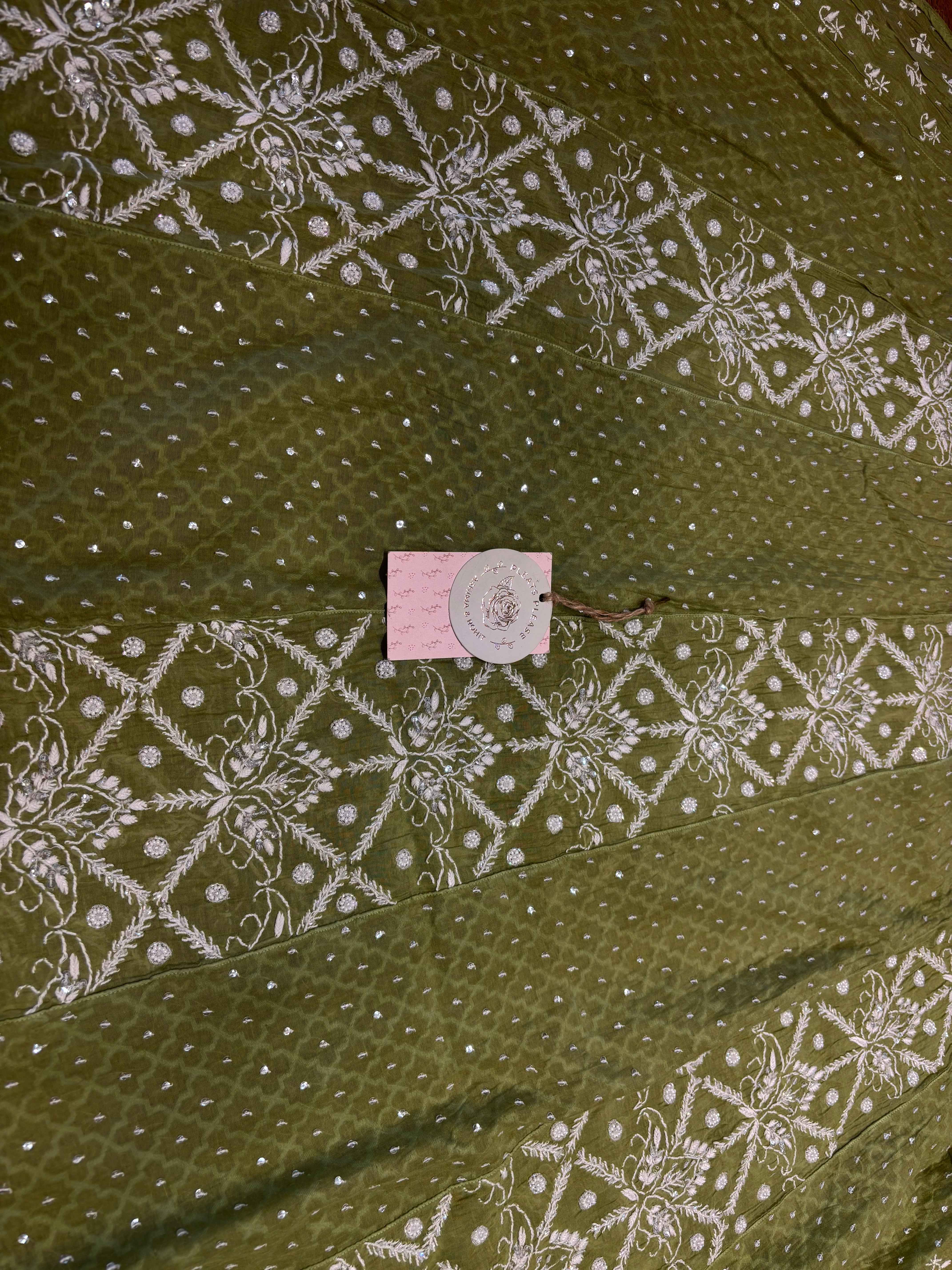 Olive Green Chanderi Mul Chikankari Anarkali and Dupatta - Pleats PleaseChikankari