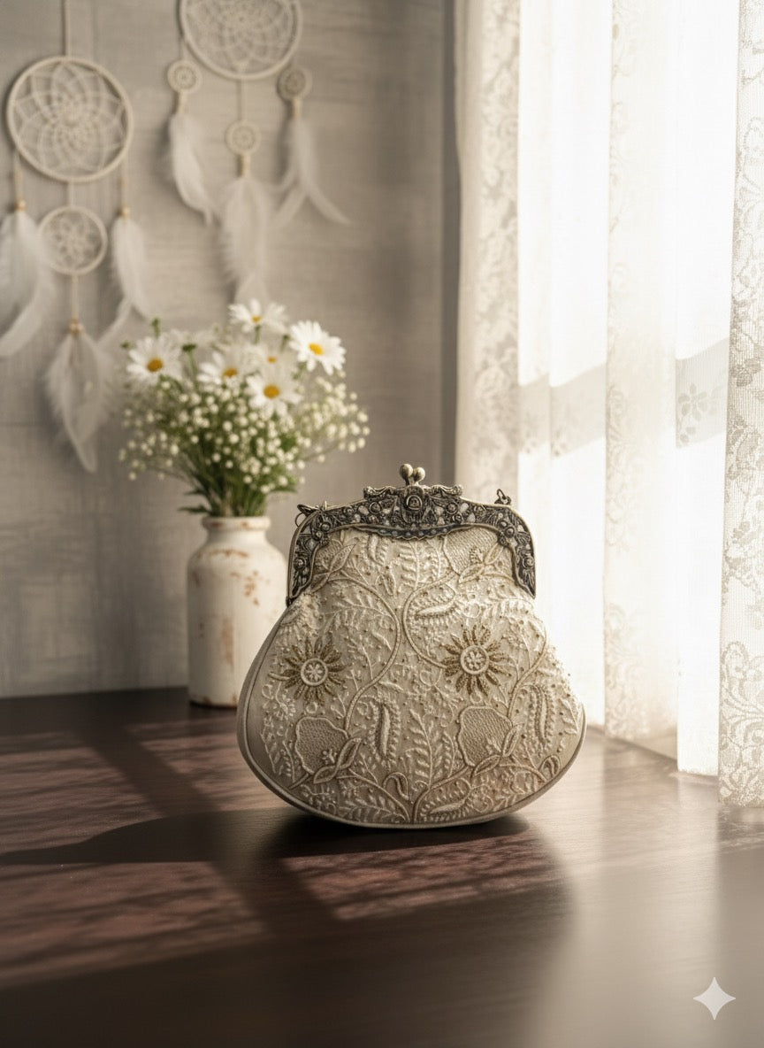 Ivory Chikankari Clutch Bag