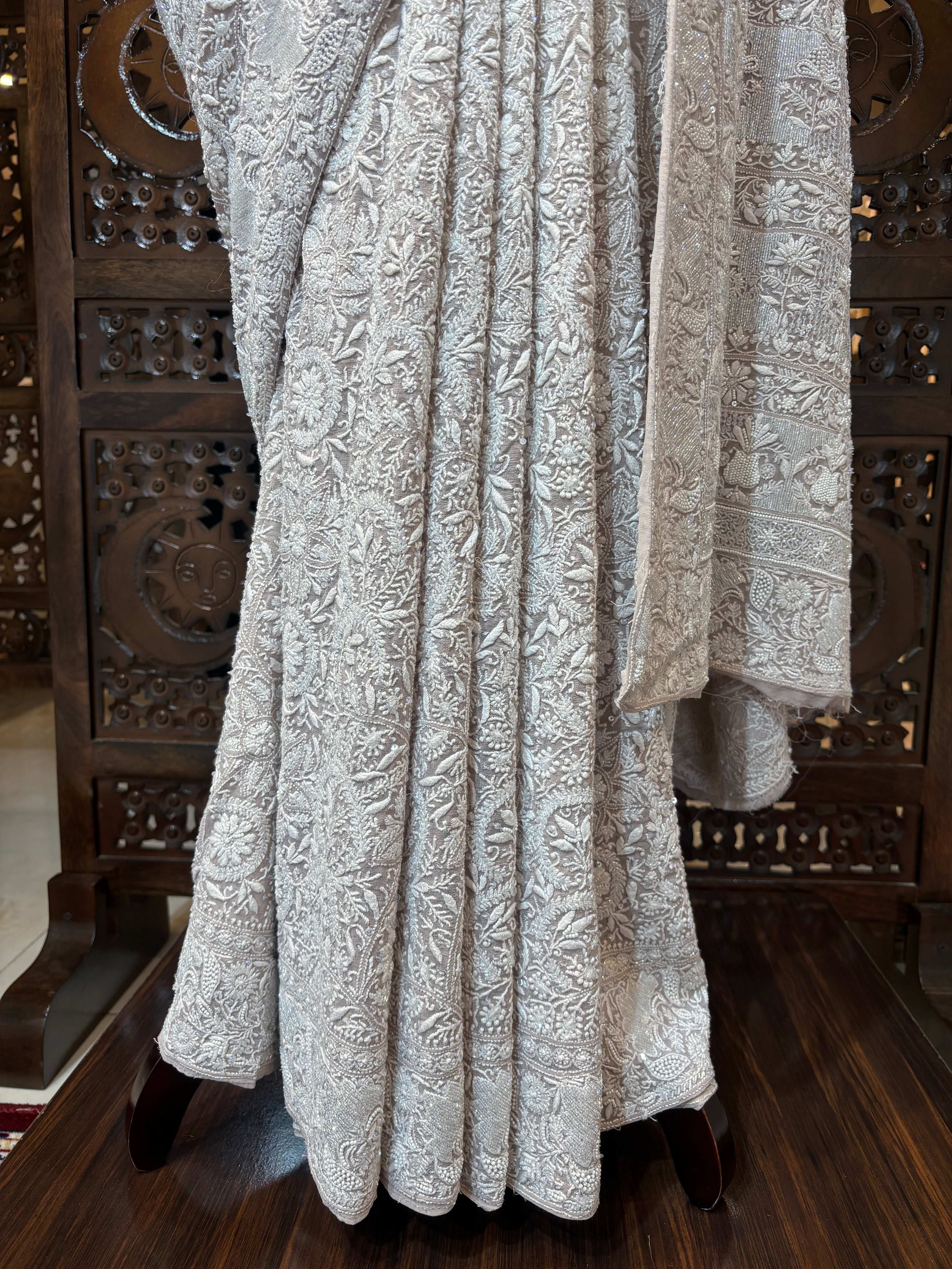 Hazelnut Brown Ombre Pure & Premium Georgette Chikankari Saree & Blouse