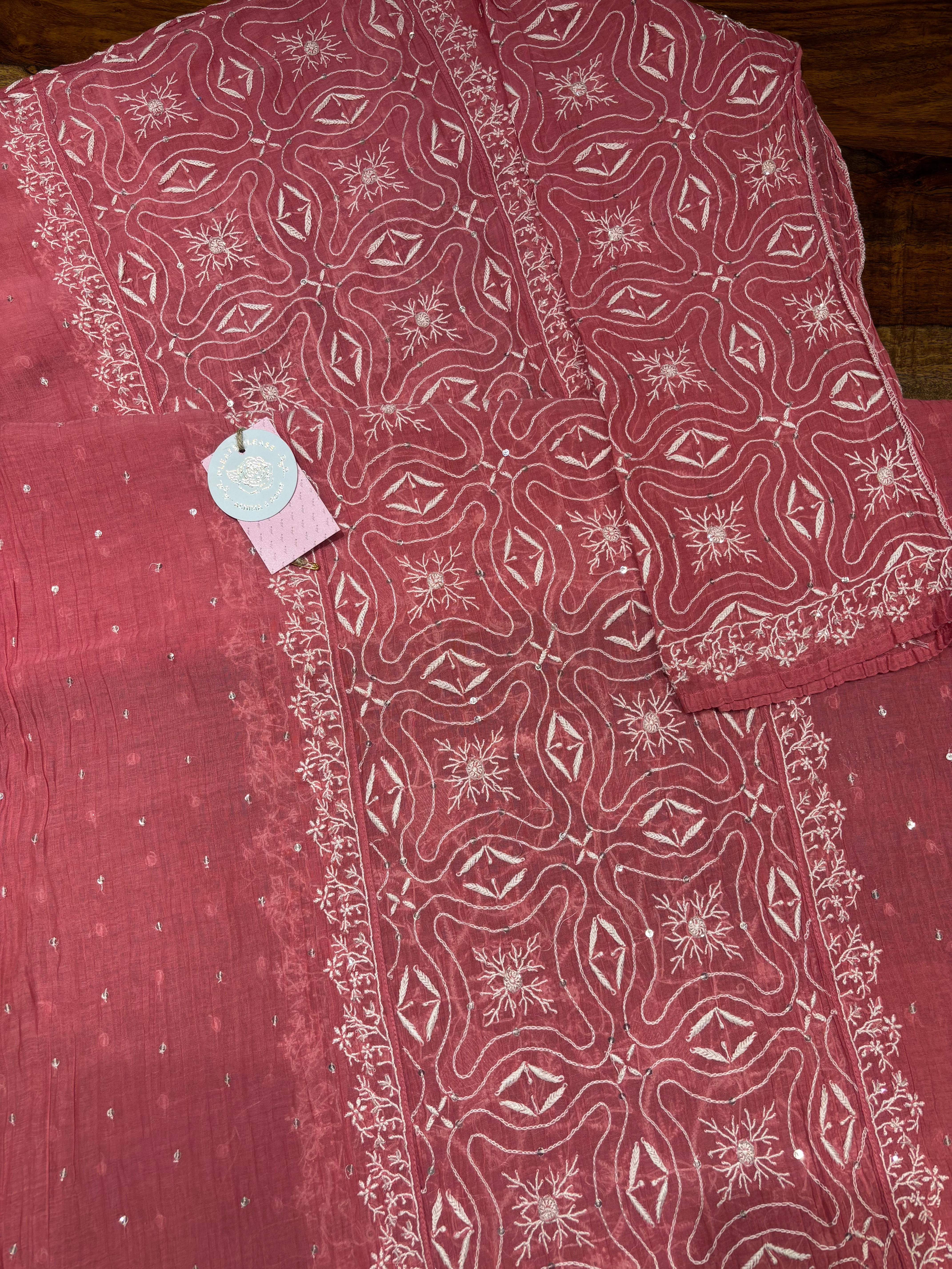 Coral Pink Chanderi Mul Chikankari Kurta & Dupatta Set