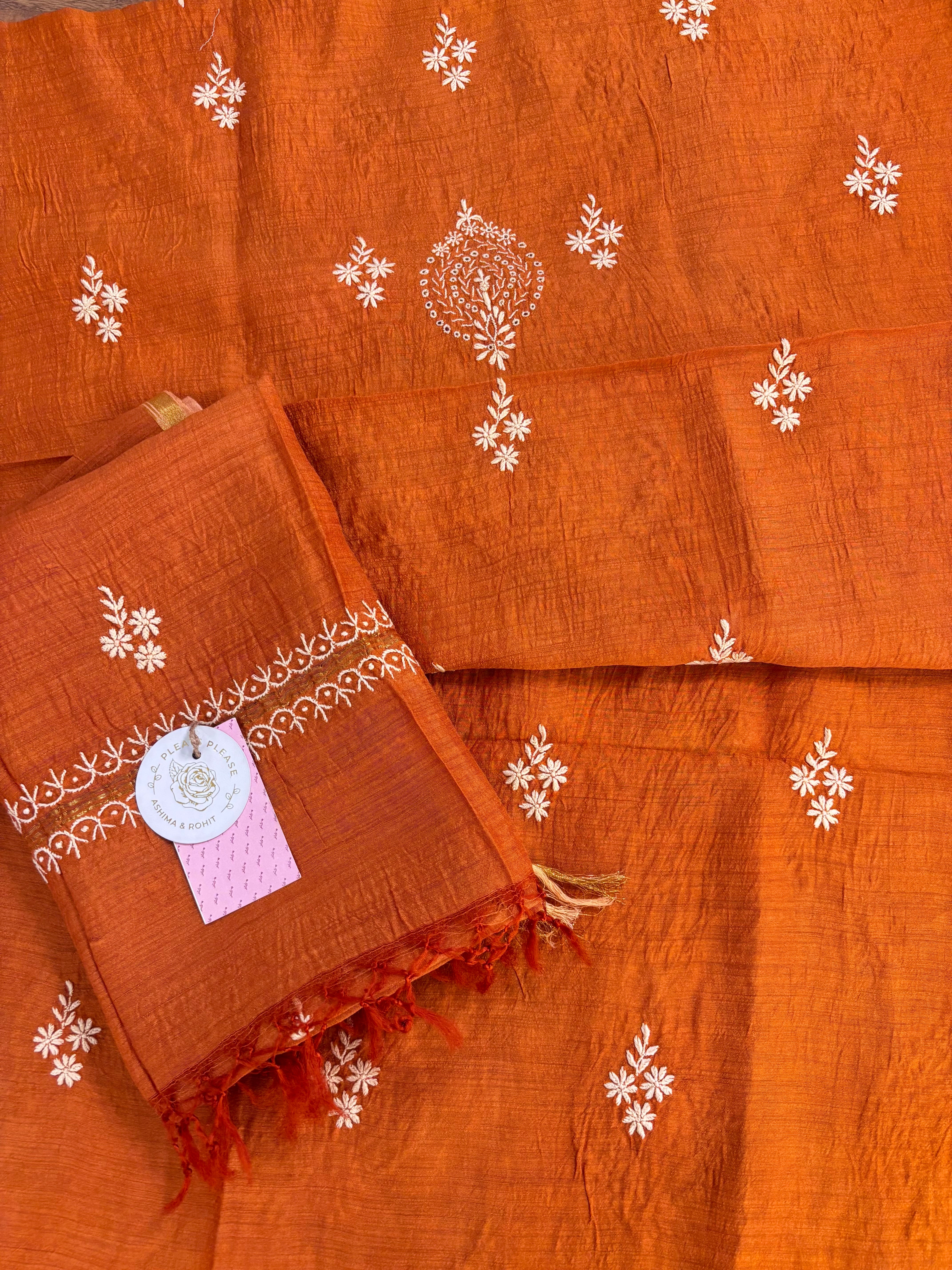 Burnt Orange Monga Silk Chikankari Kurta & Dupatta
