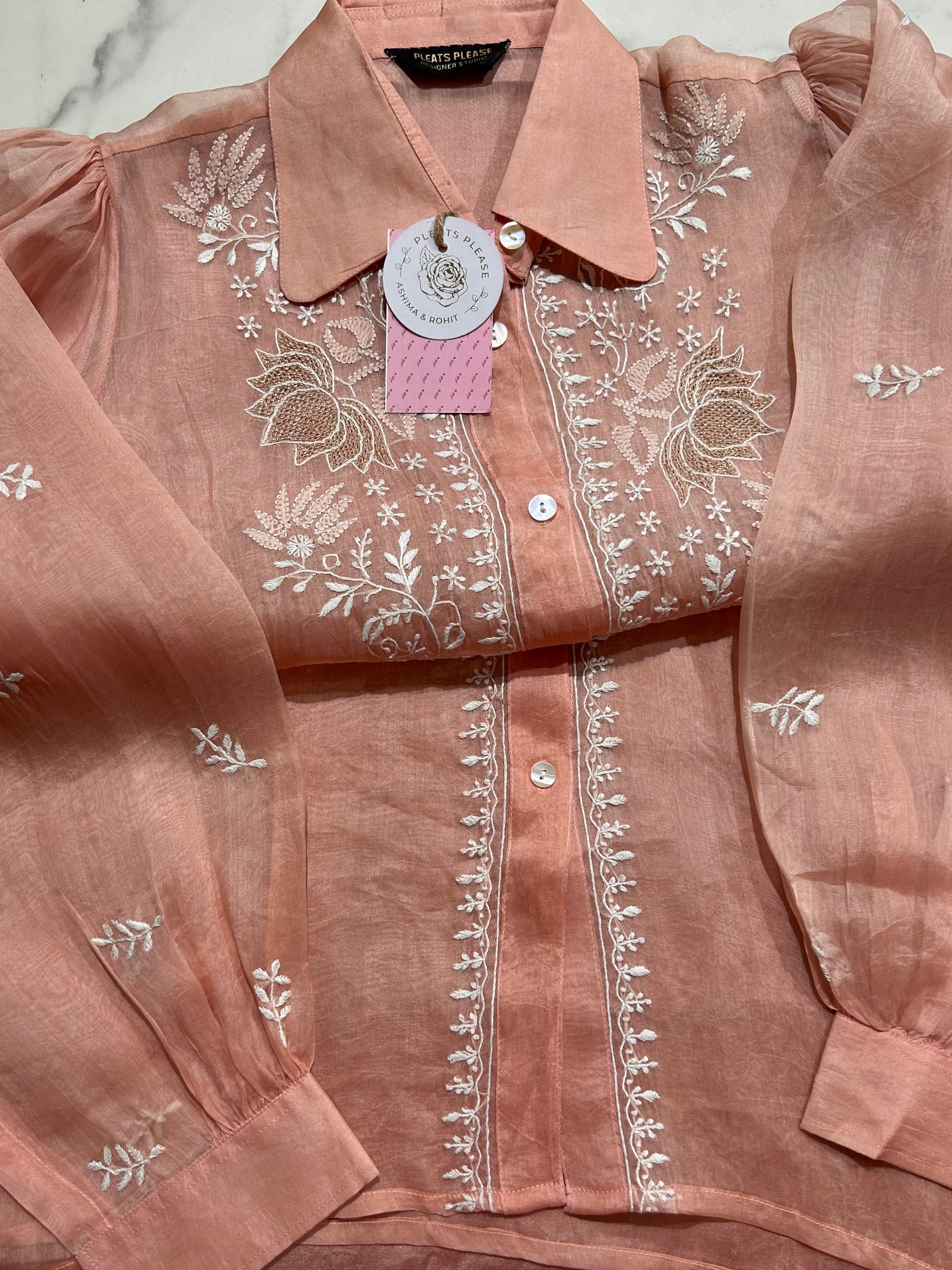 Peach Pure Organza Chikankari Shirt - Pleats PleaseChikankari