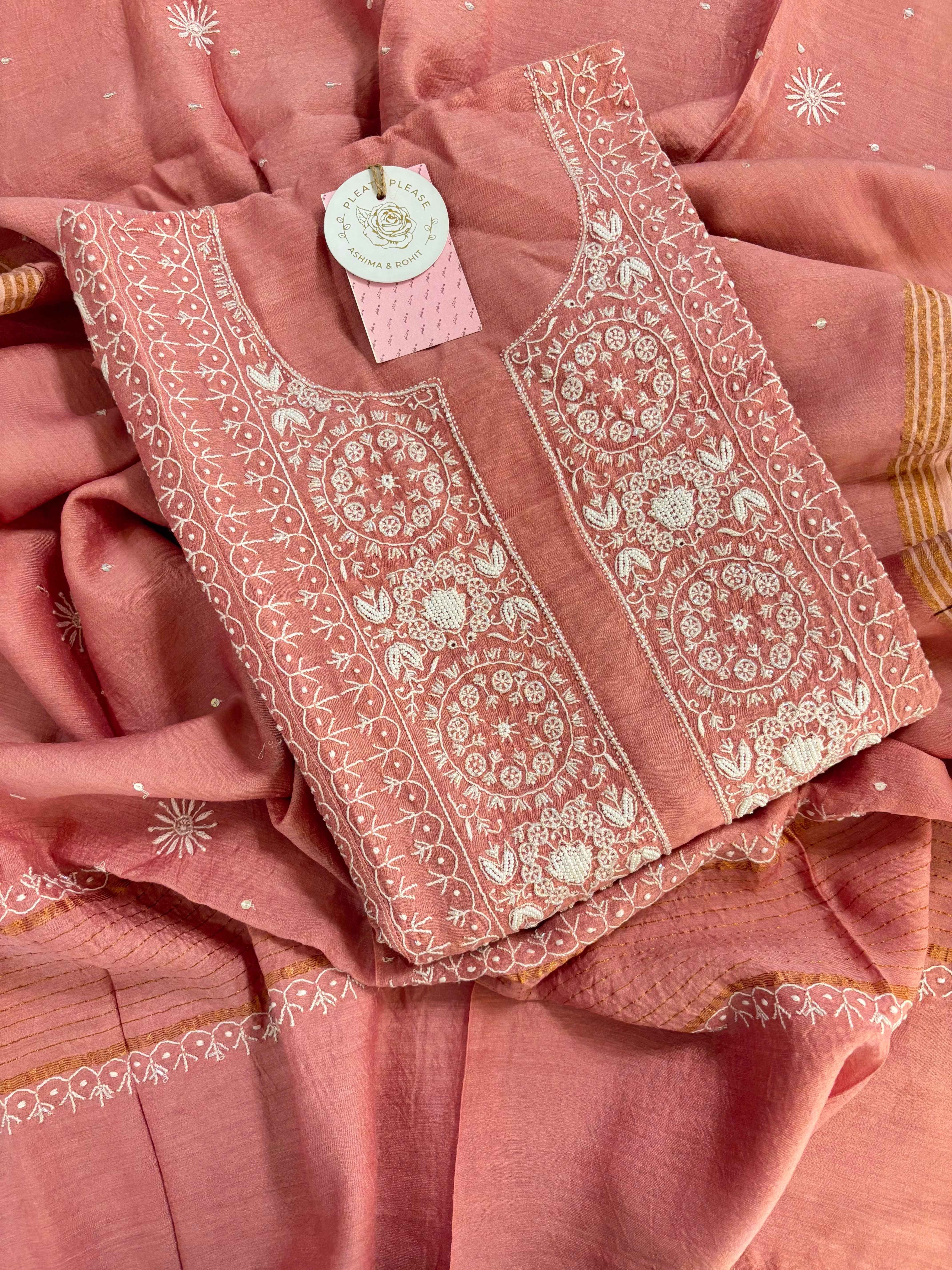 Peach Monga Silk Chikankari Anarkali & Dupatta Set