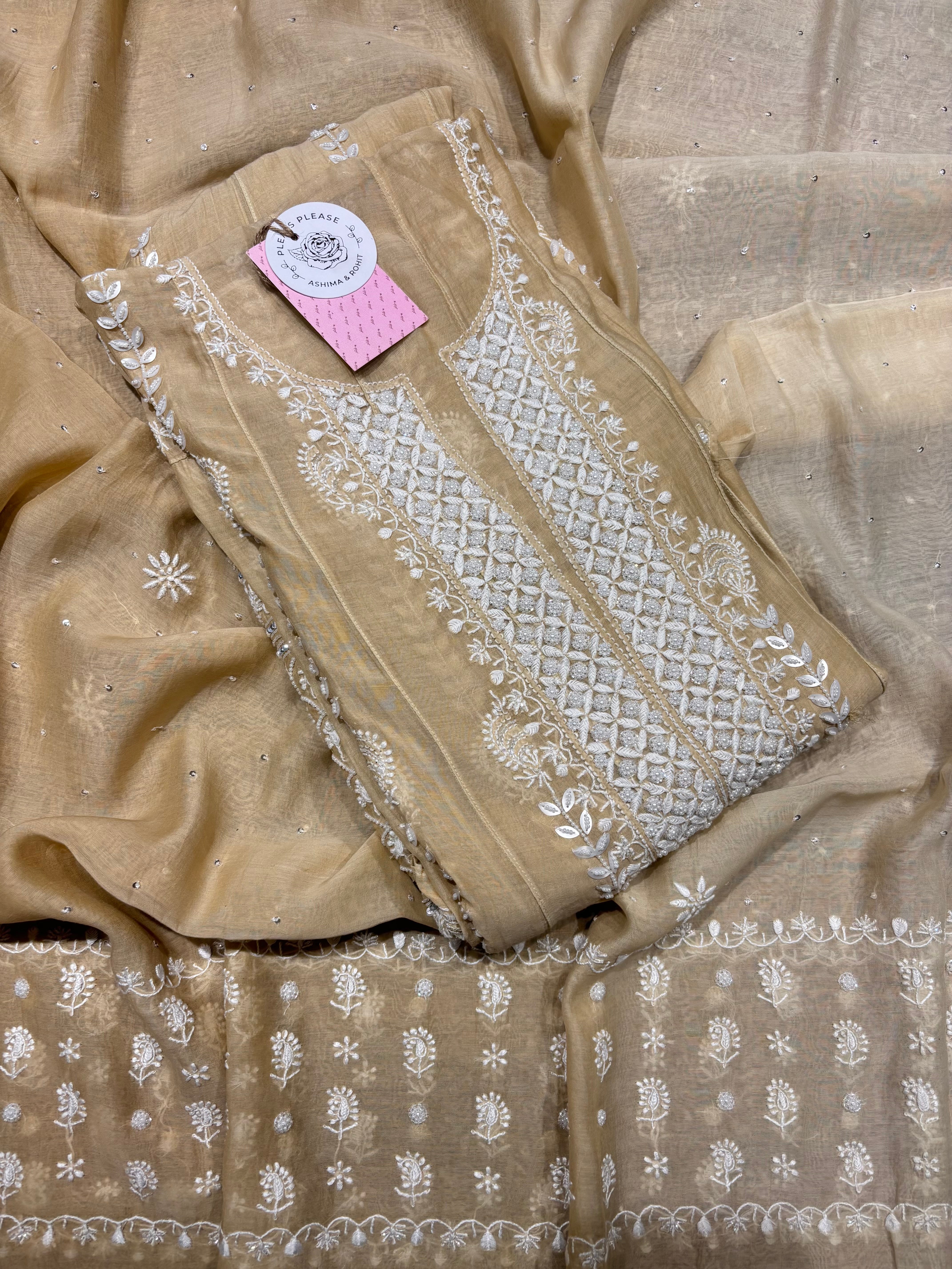 Coffee Cream Chanderi Mul Chikankari Anarkali and Dupatta Set