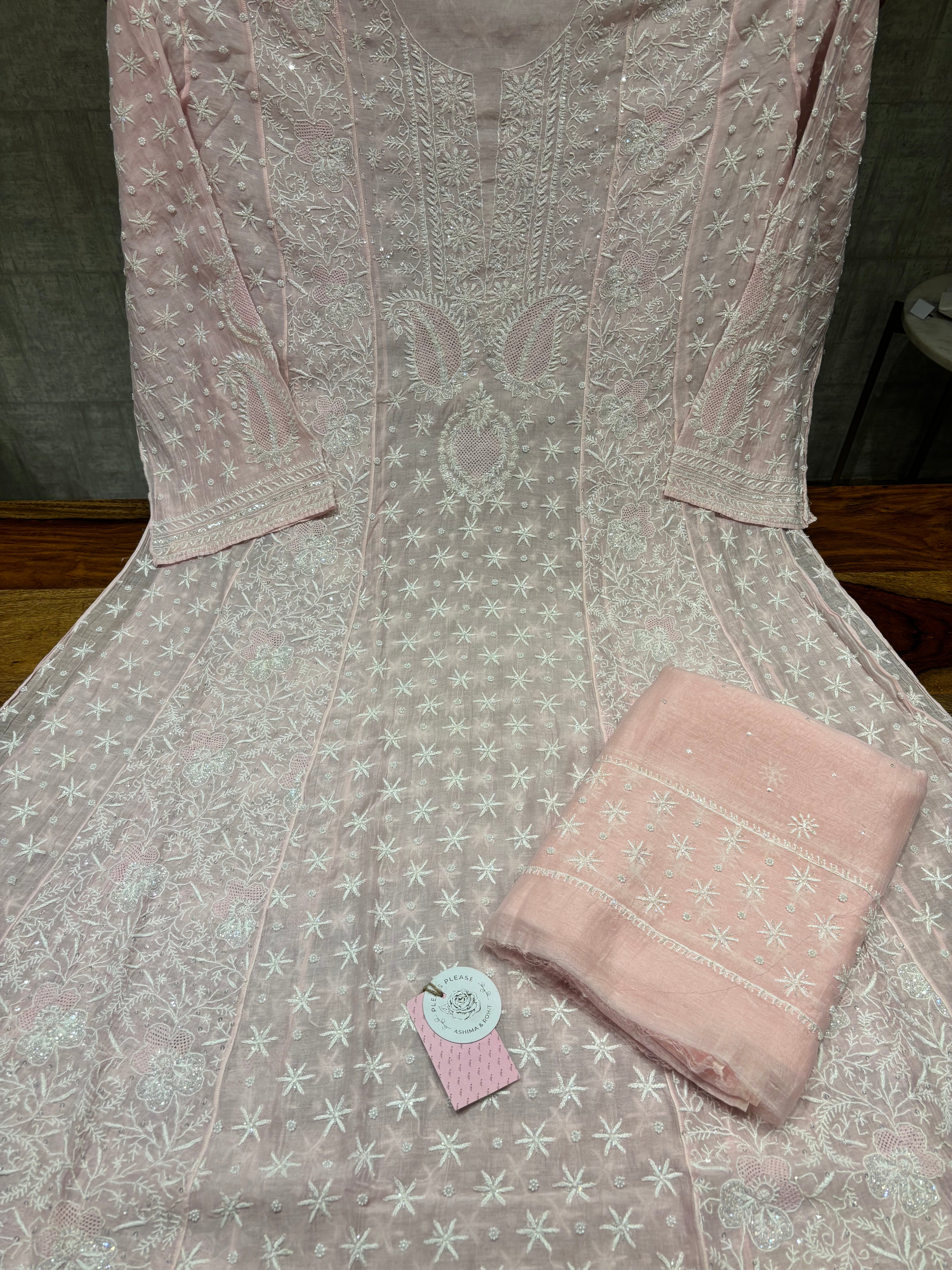 Soft pink Chanderi Mul Chikankari Anarkali and Dupatta Set