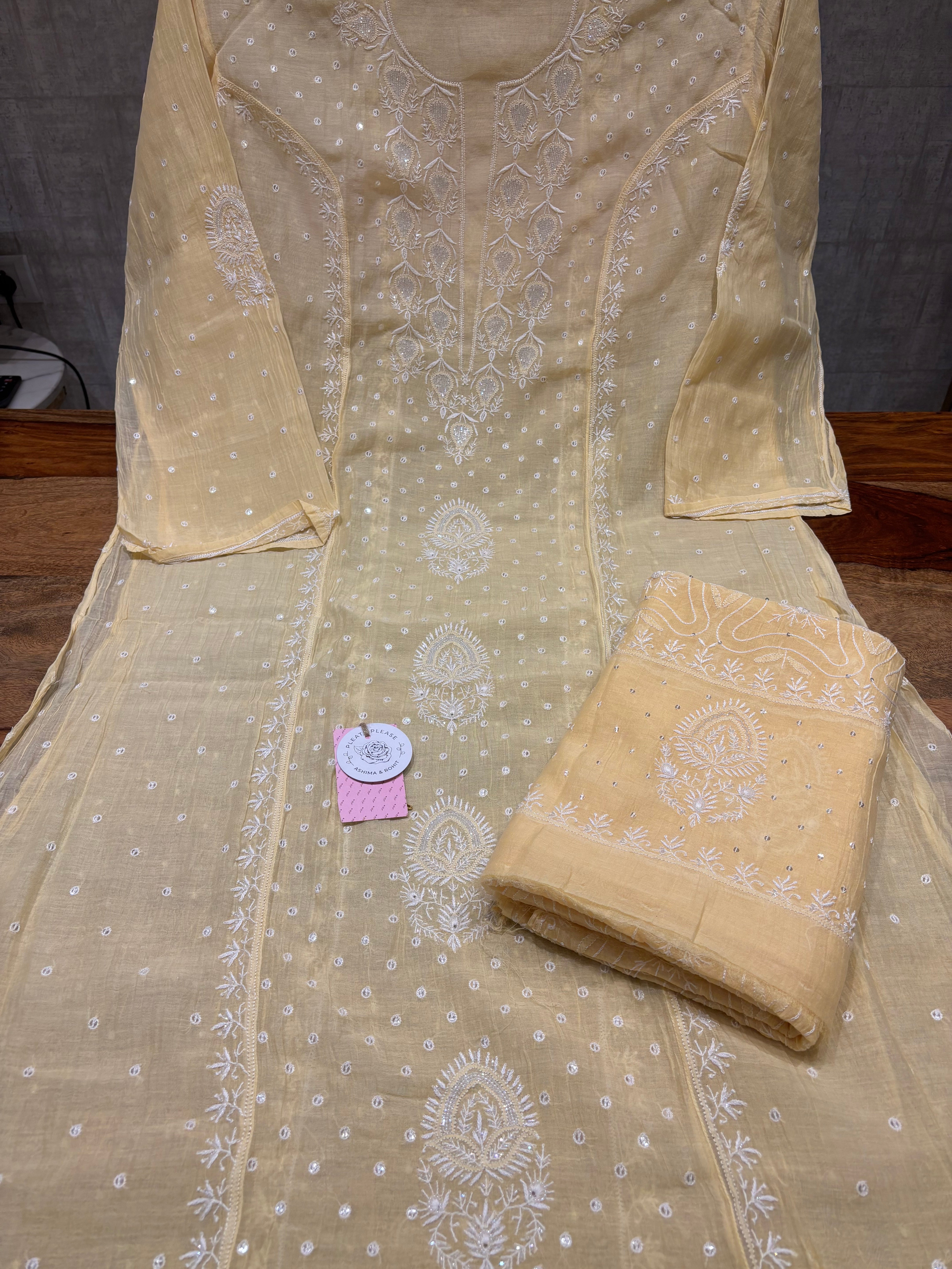 Butter Yellow Chanderi Mul Chikankari Kurta & Dupatta Set