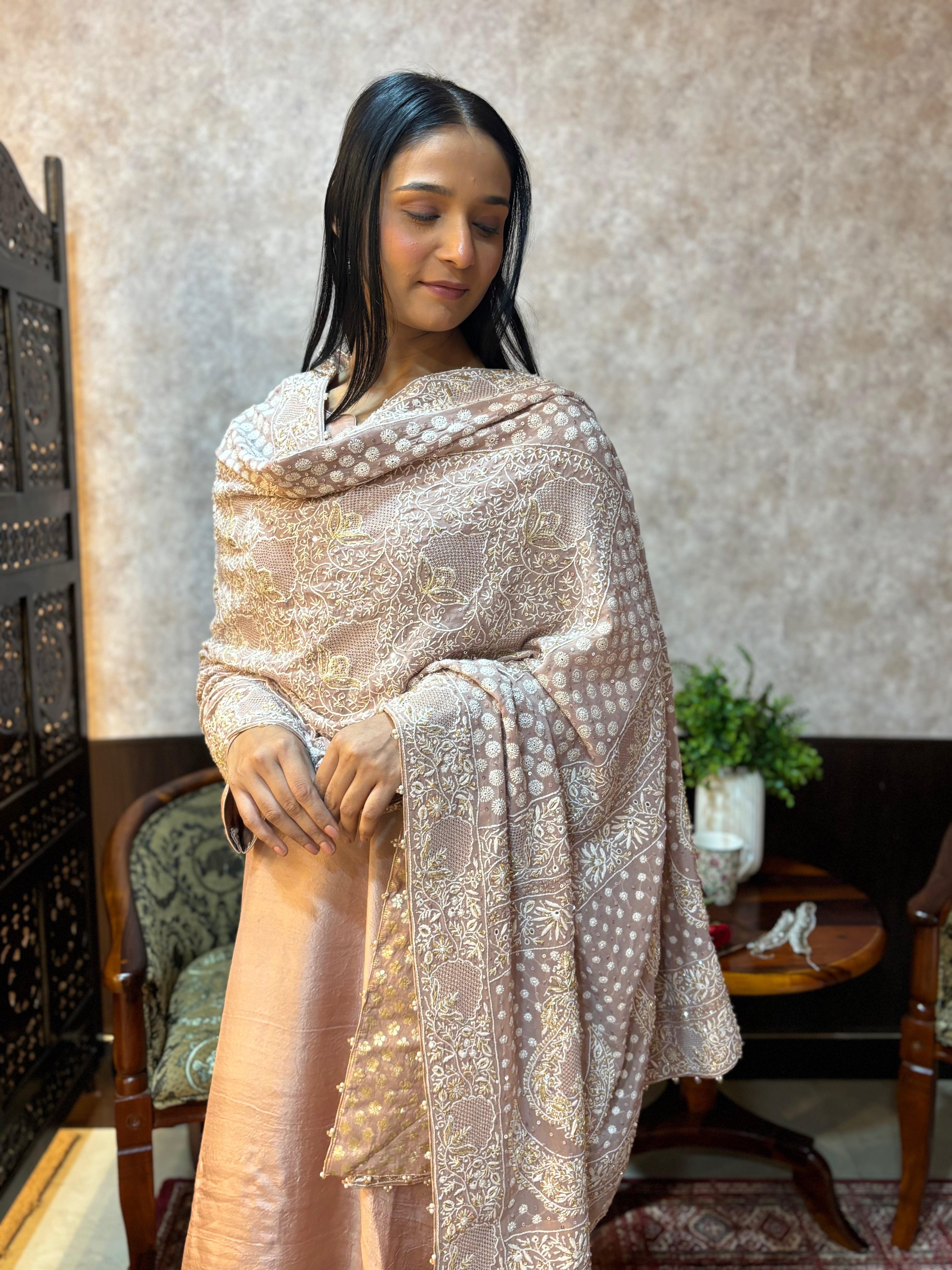 Dusty Rose Gold Pure and Premium Silk kurta and Bottom Georgette Chikankari Dupatta Set