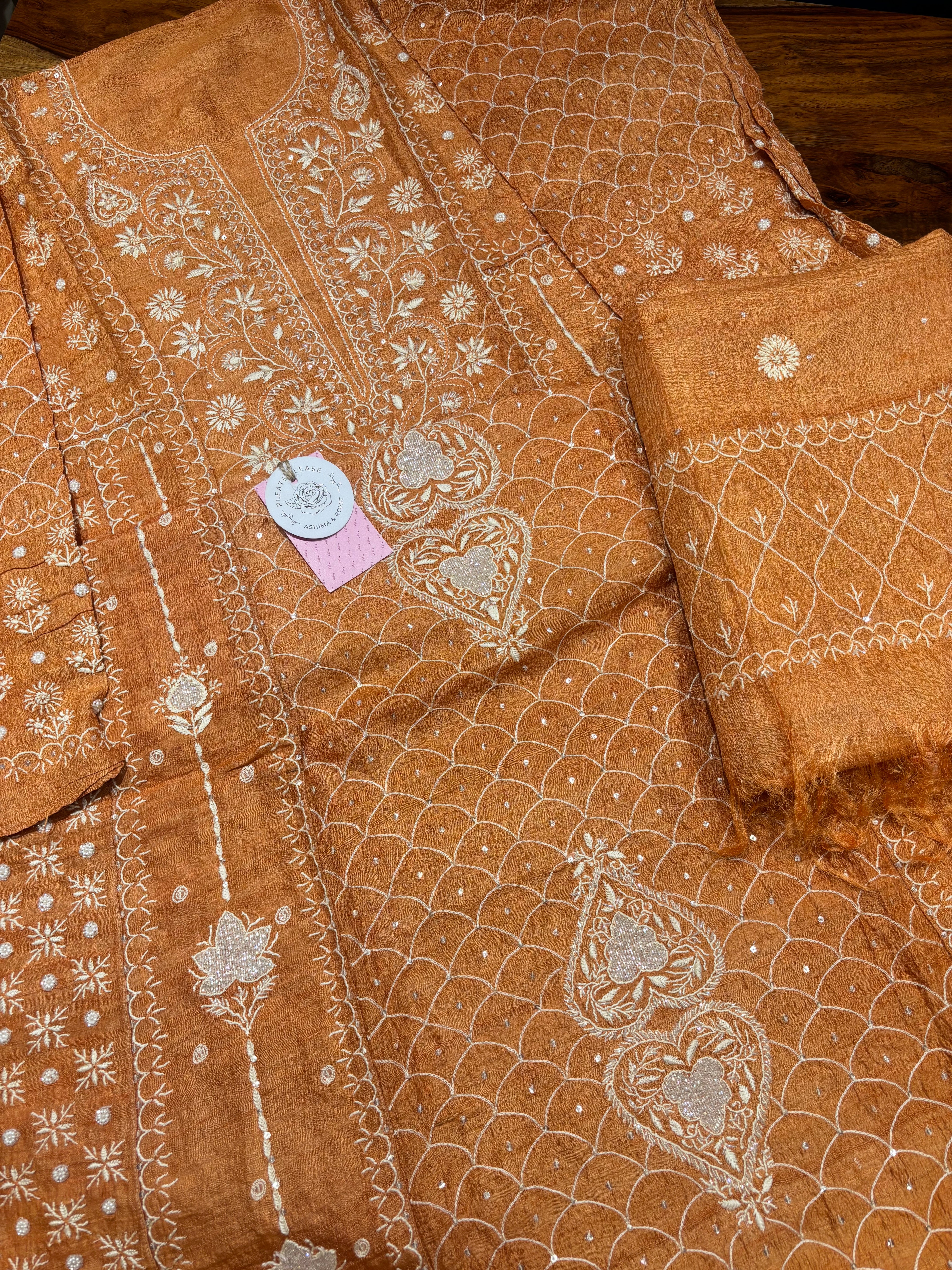 Burnt Orange Pure & Premium Tussar Silk Chikankari Anarkali & Dupatta Set
