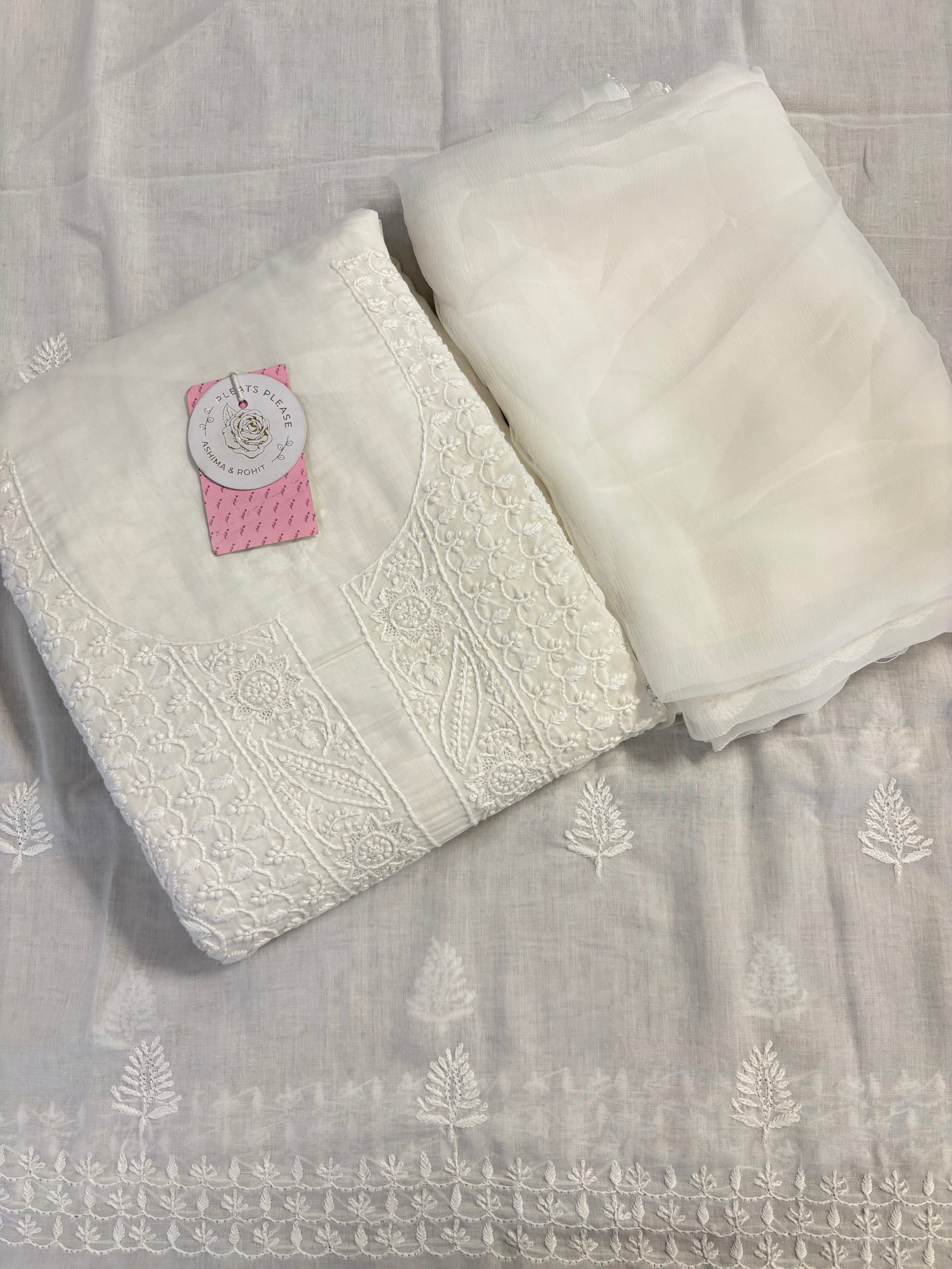 White Cotton Chikankari Kurta, Dupatta With Bottom