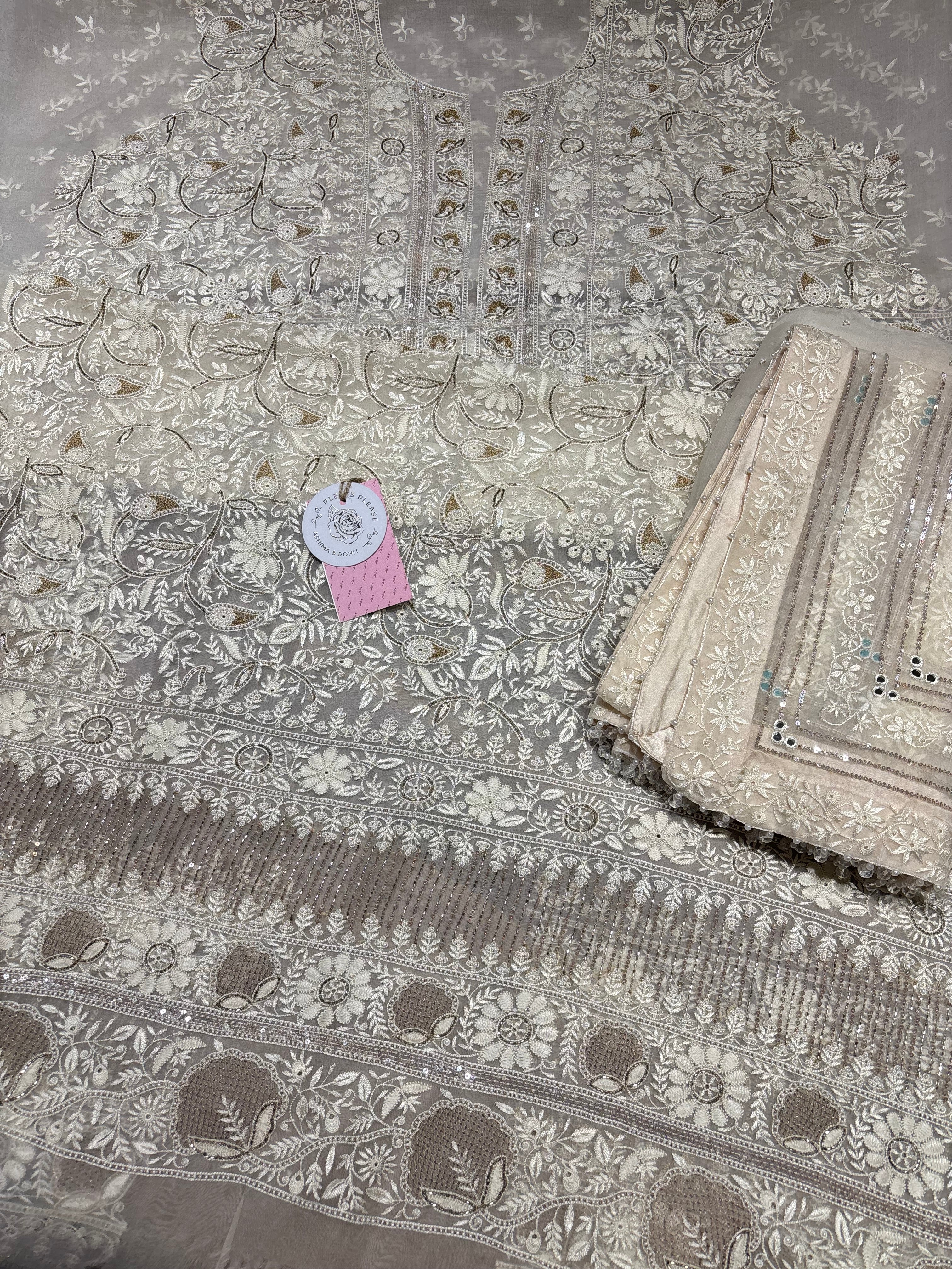 Ivory Pure & Premium Organza Silk Chikankari Kurta & Dupatta Fabric