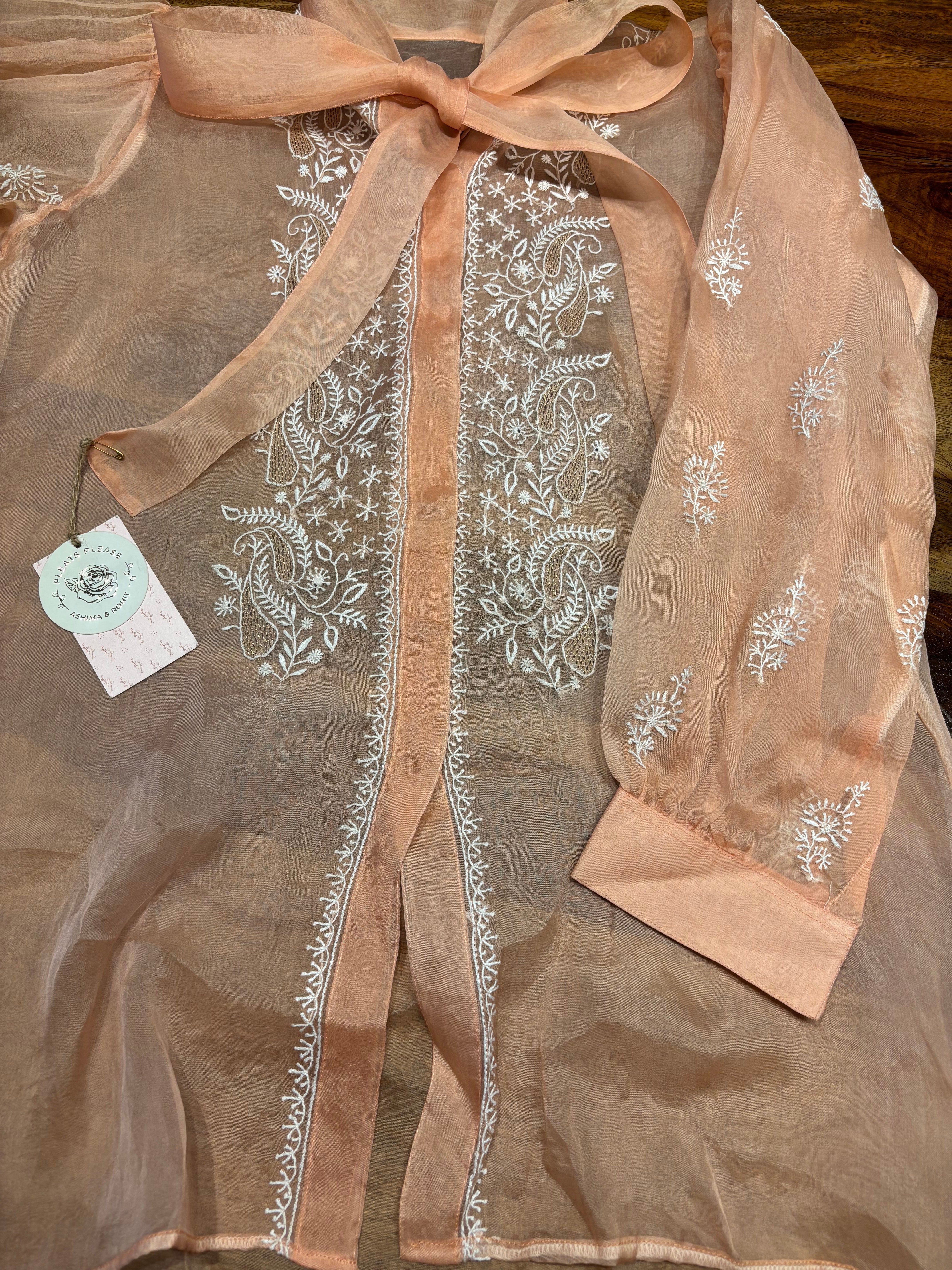 Peach Organza Silk Chikankari Shirt