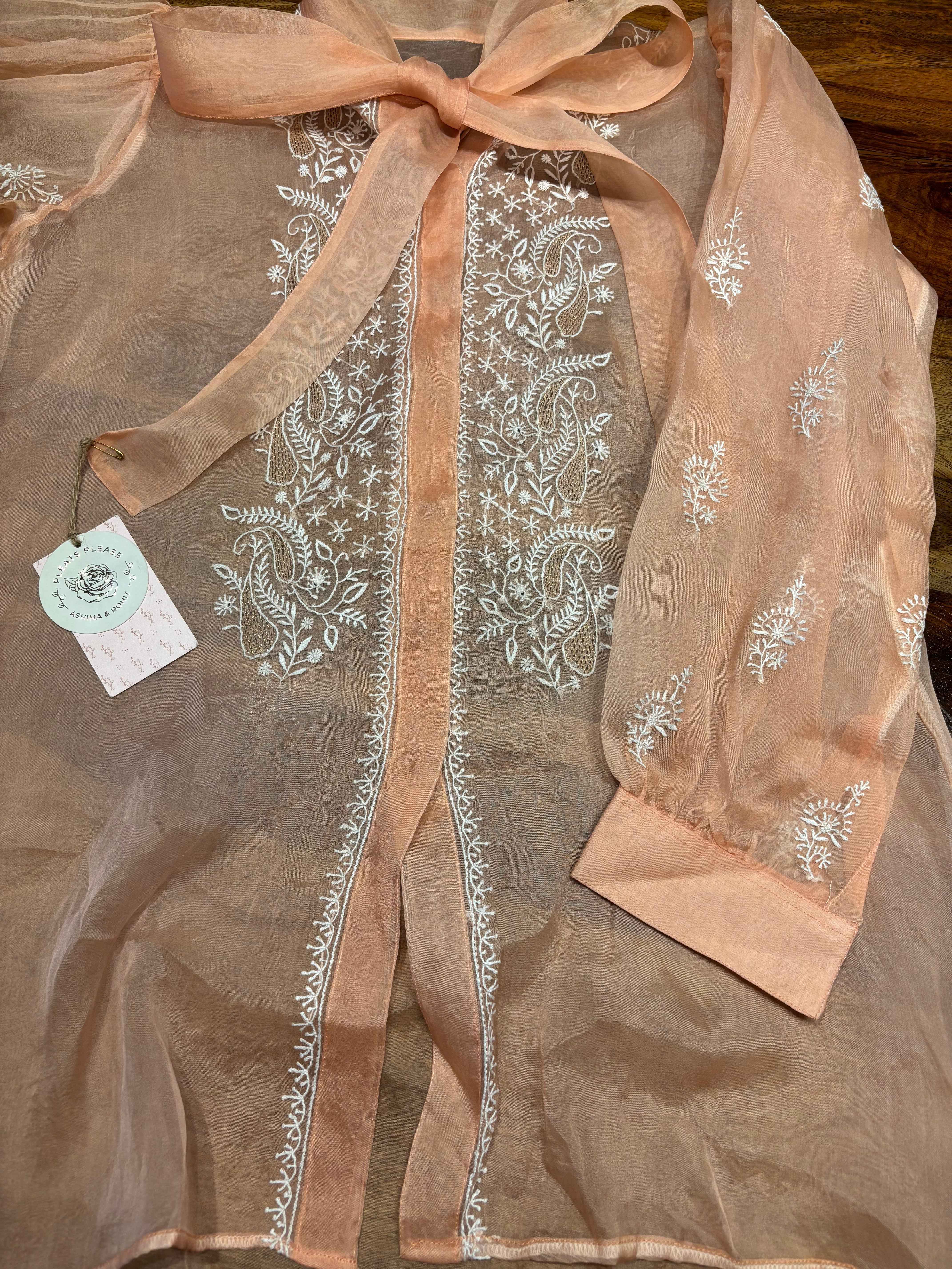 Peach Organza Silk Chikankari Shirt - Pleats PleaseChikankari