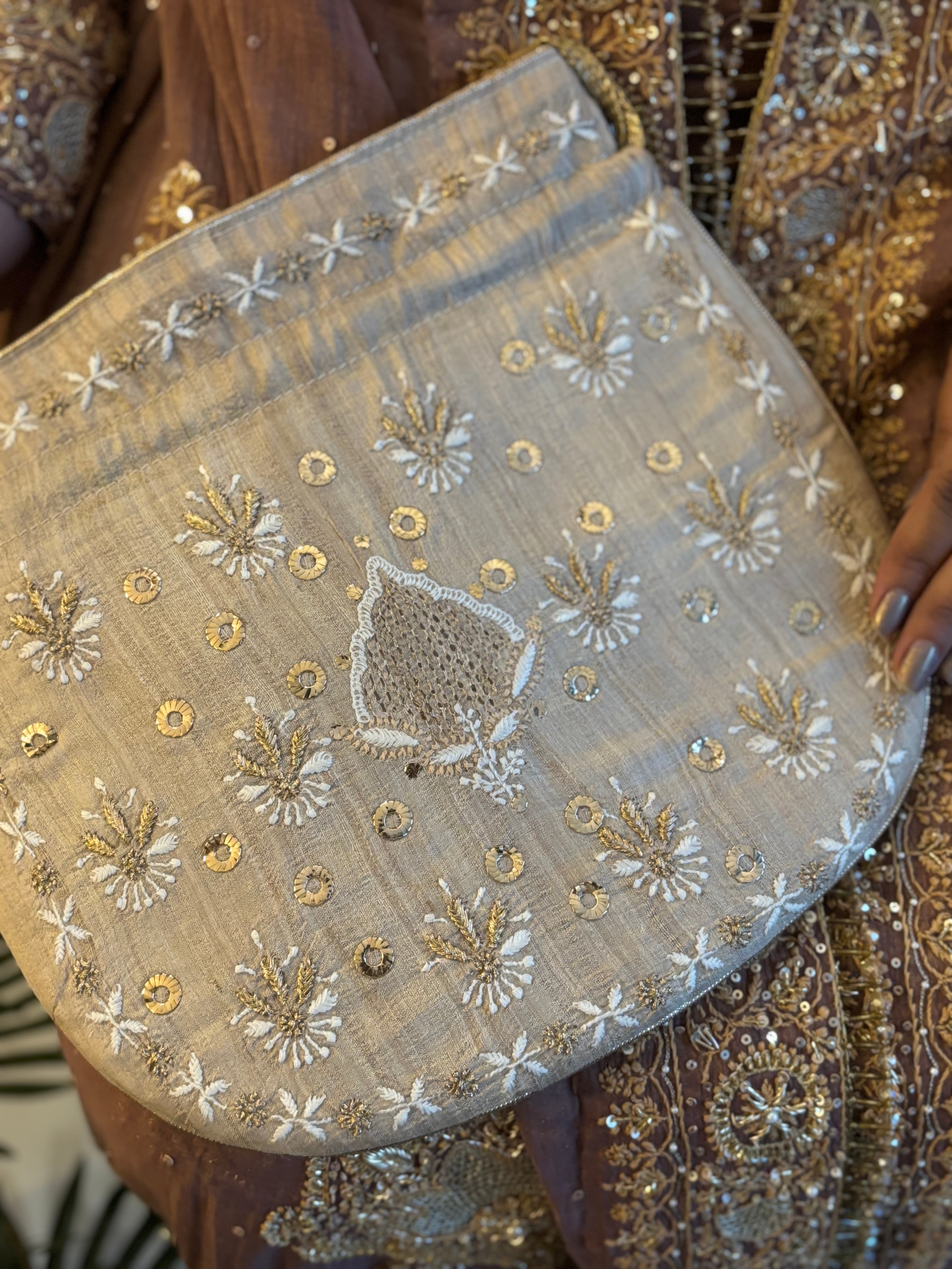 Beige Chikankari and Mukaish Batua