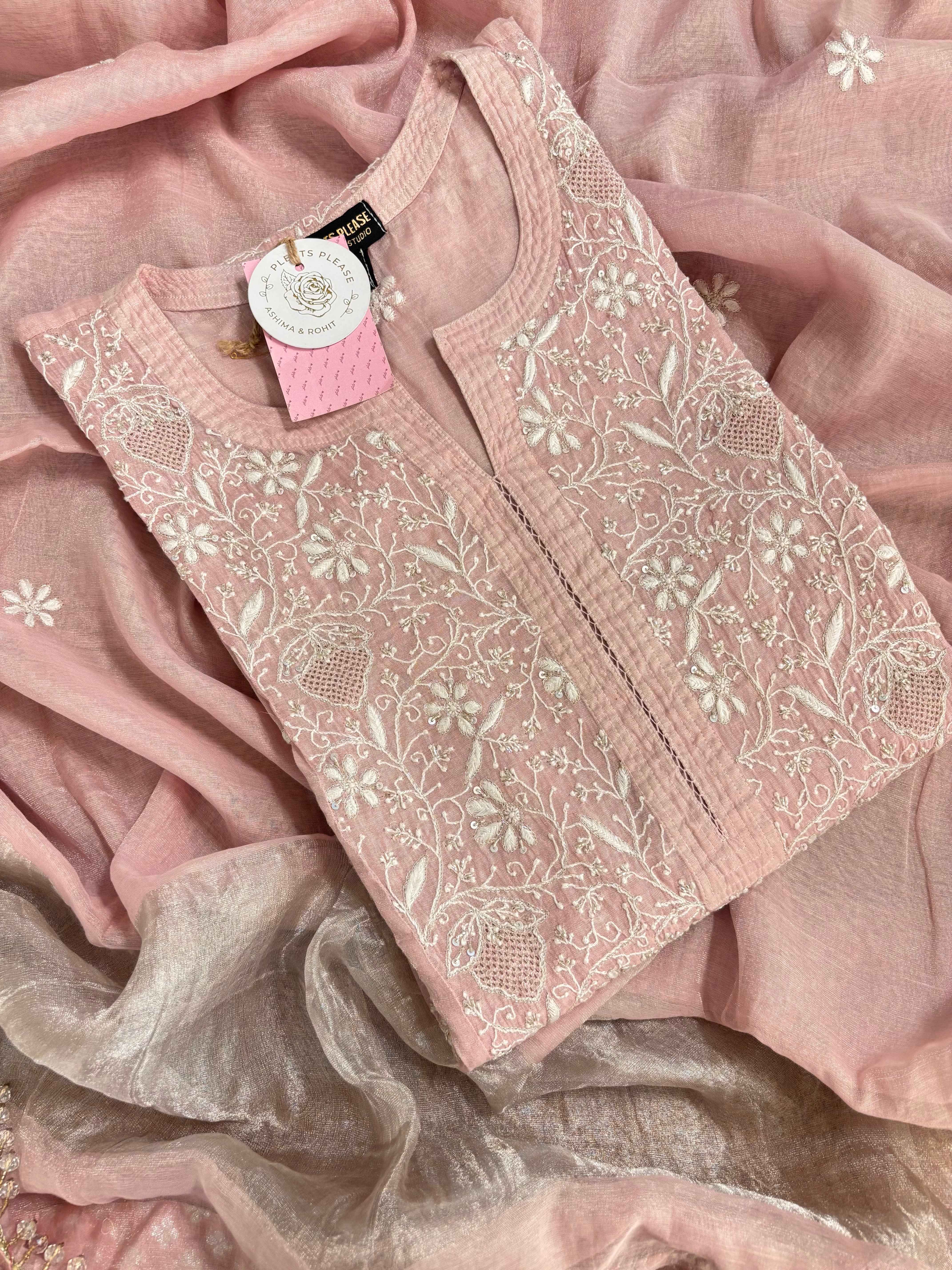 Blush Pink Pure Tissue Chikankari Kurta & Dupatta