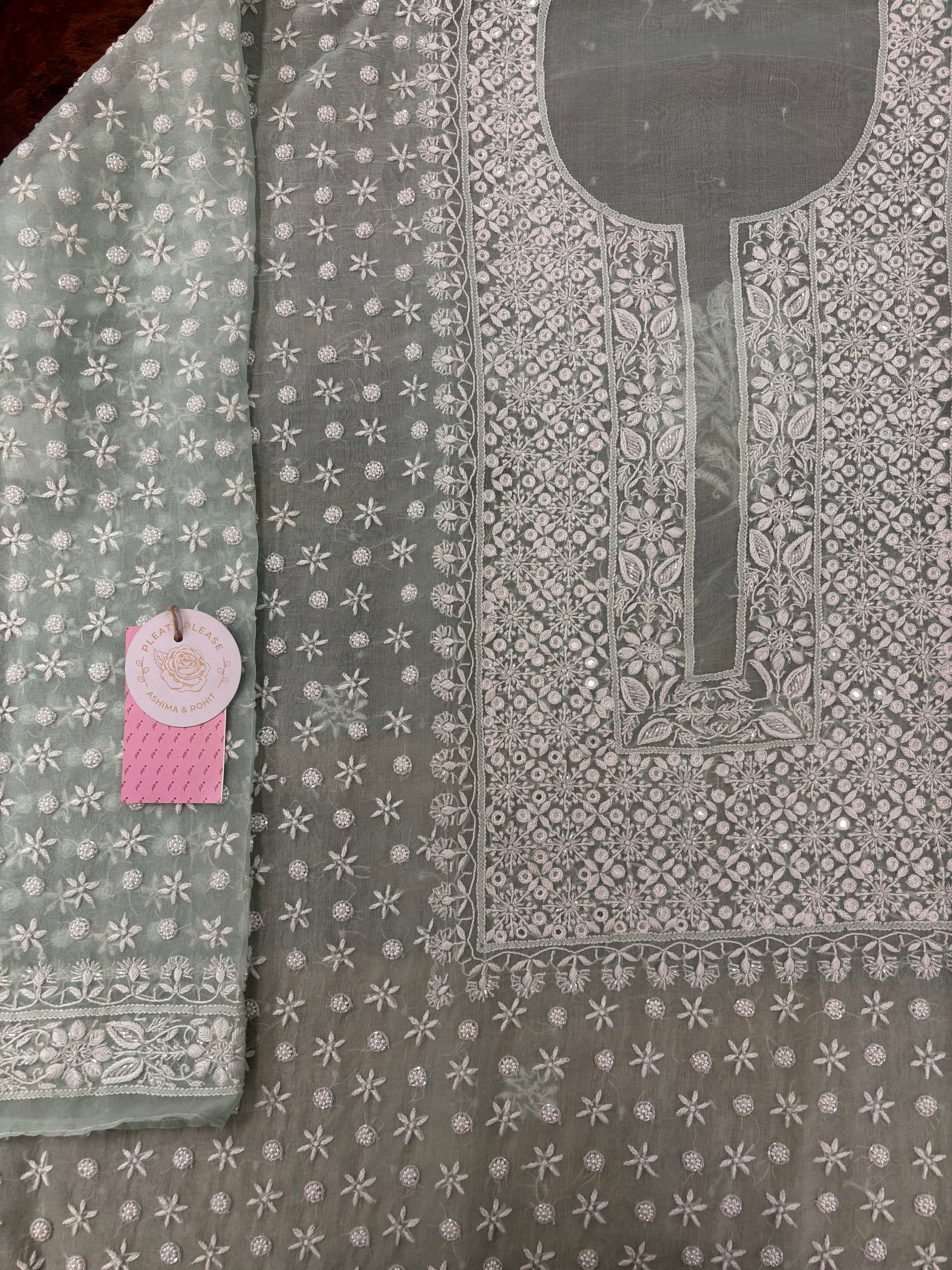 Mint Green Pure Organza Chikankari Kurta & Dupatta - Pleats PleaseChikankari