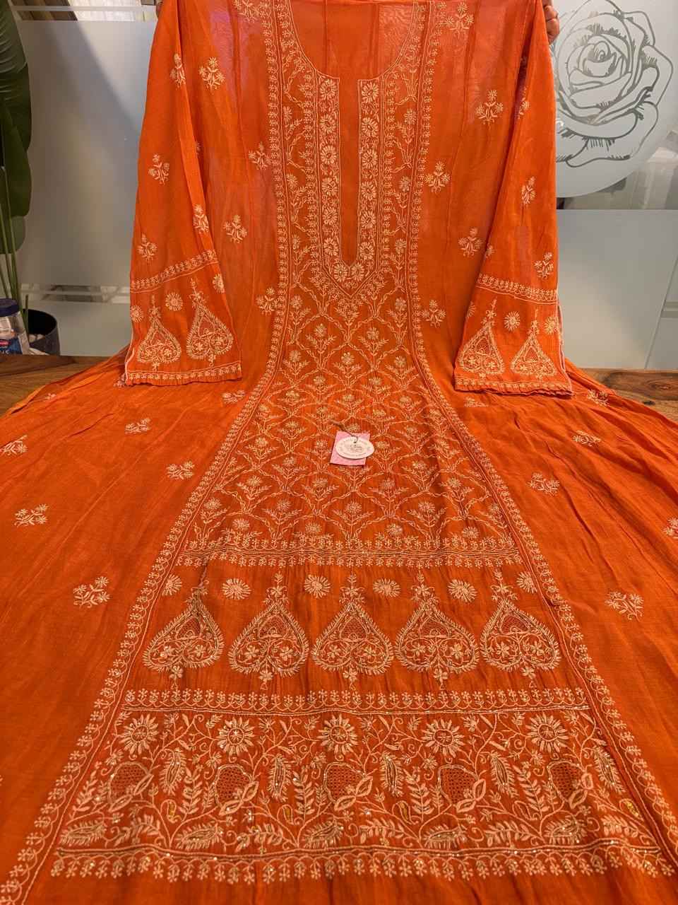Orange Tissue Chikankari Anarkali kurta Dupatta Set