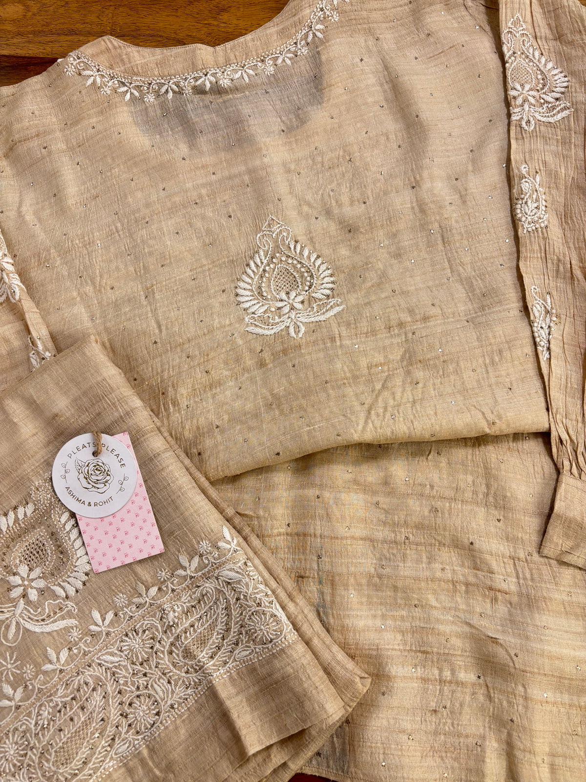 Natural Tussar Silk Chikankari Mukaish Co-Ord Set