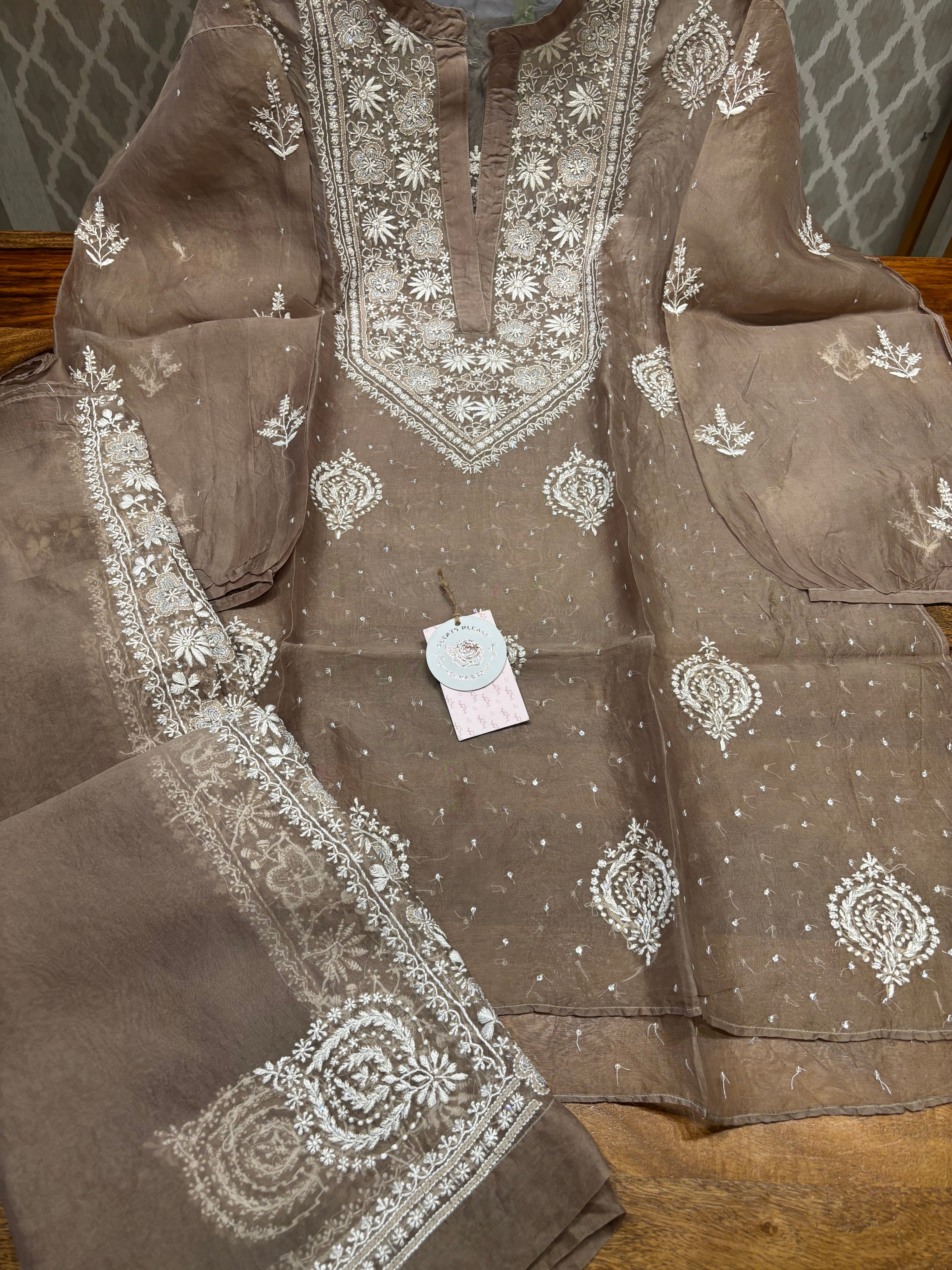 Brown Organza silk Chikankari Co-ord