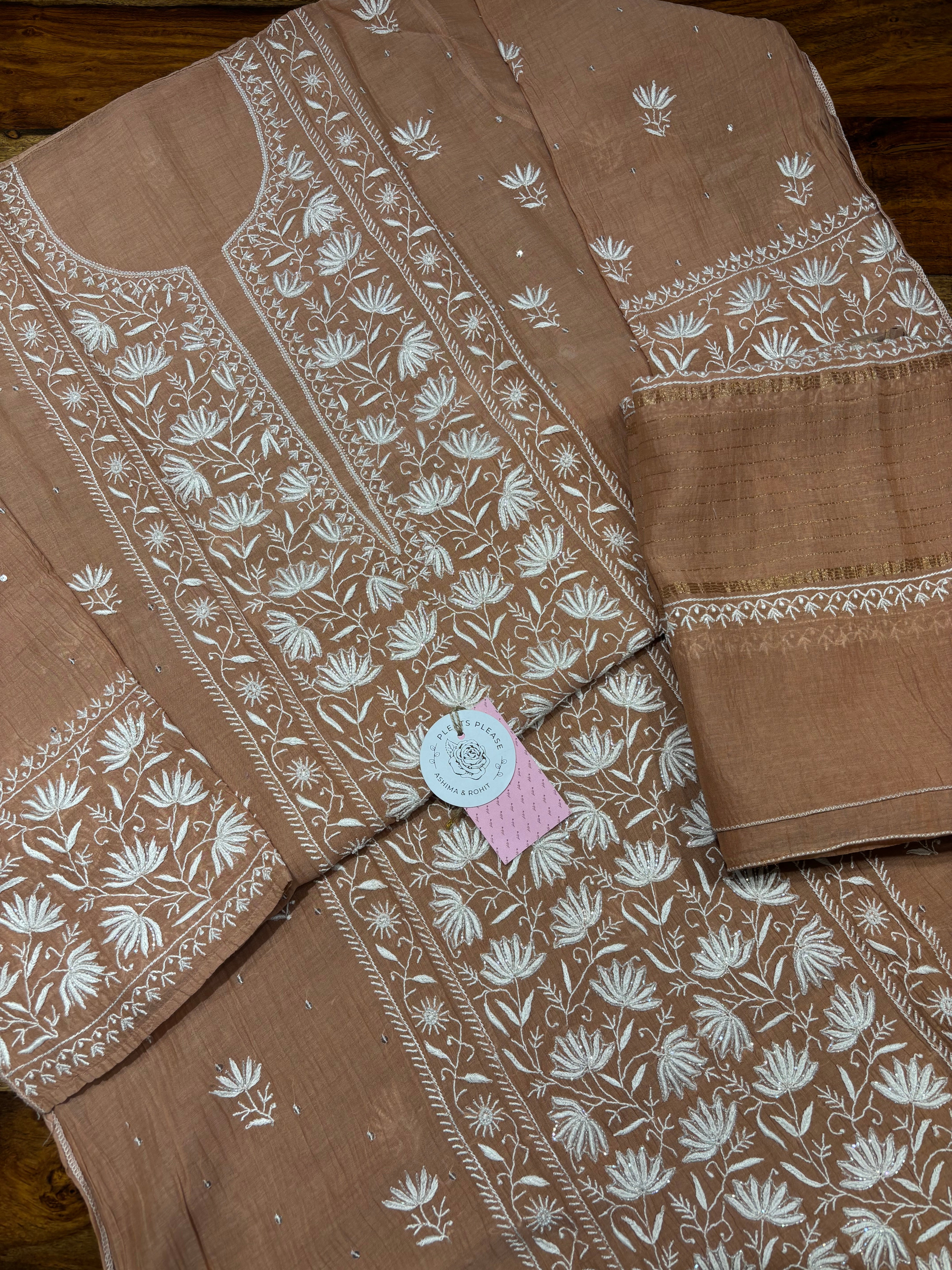 Rosegold Chanderi Mul Chikankari Kurta & Dupatta Set