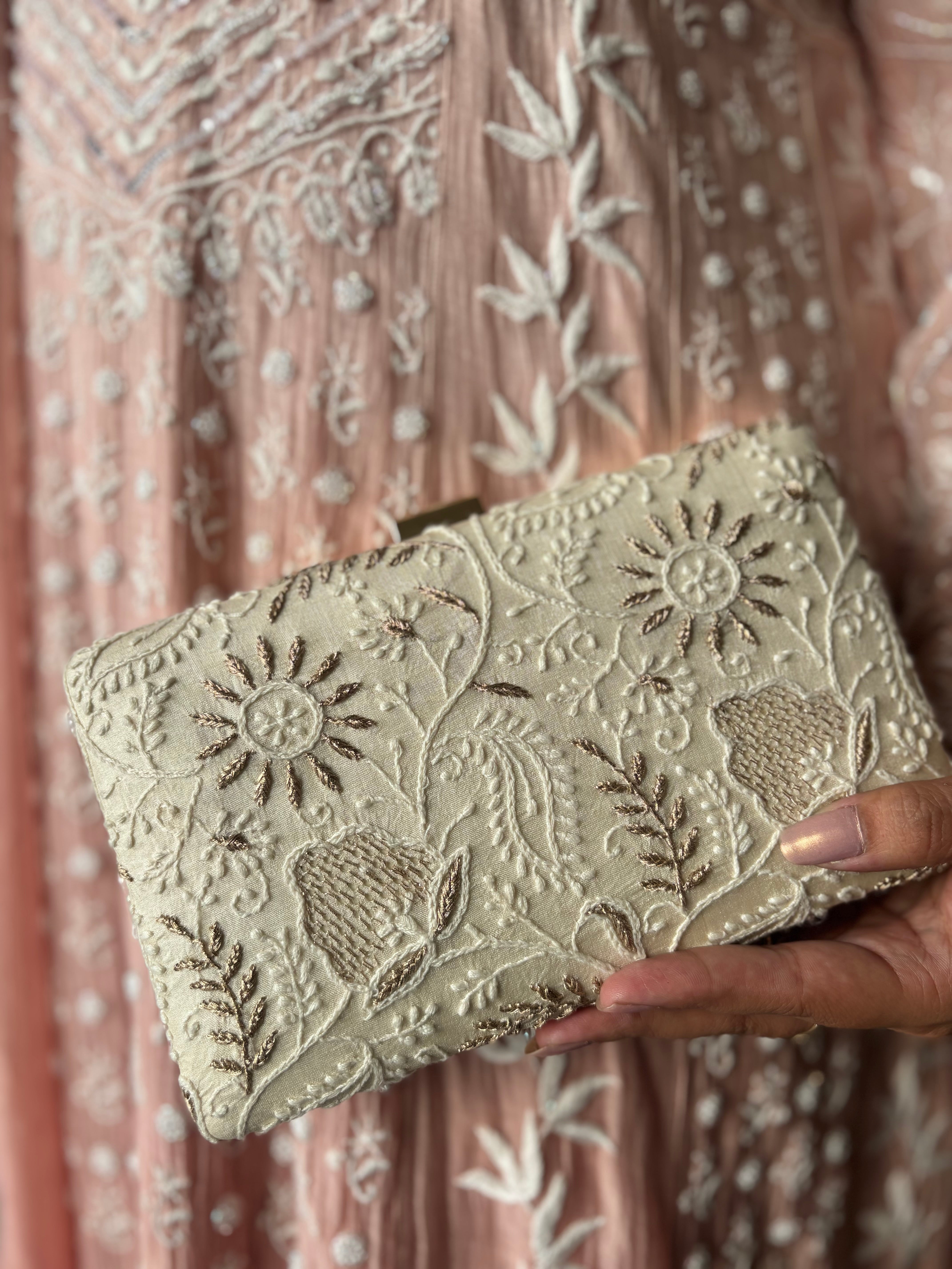 White Silk Chikankari Clutch