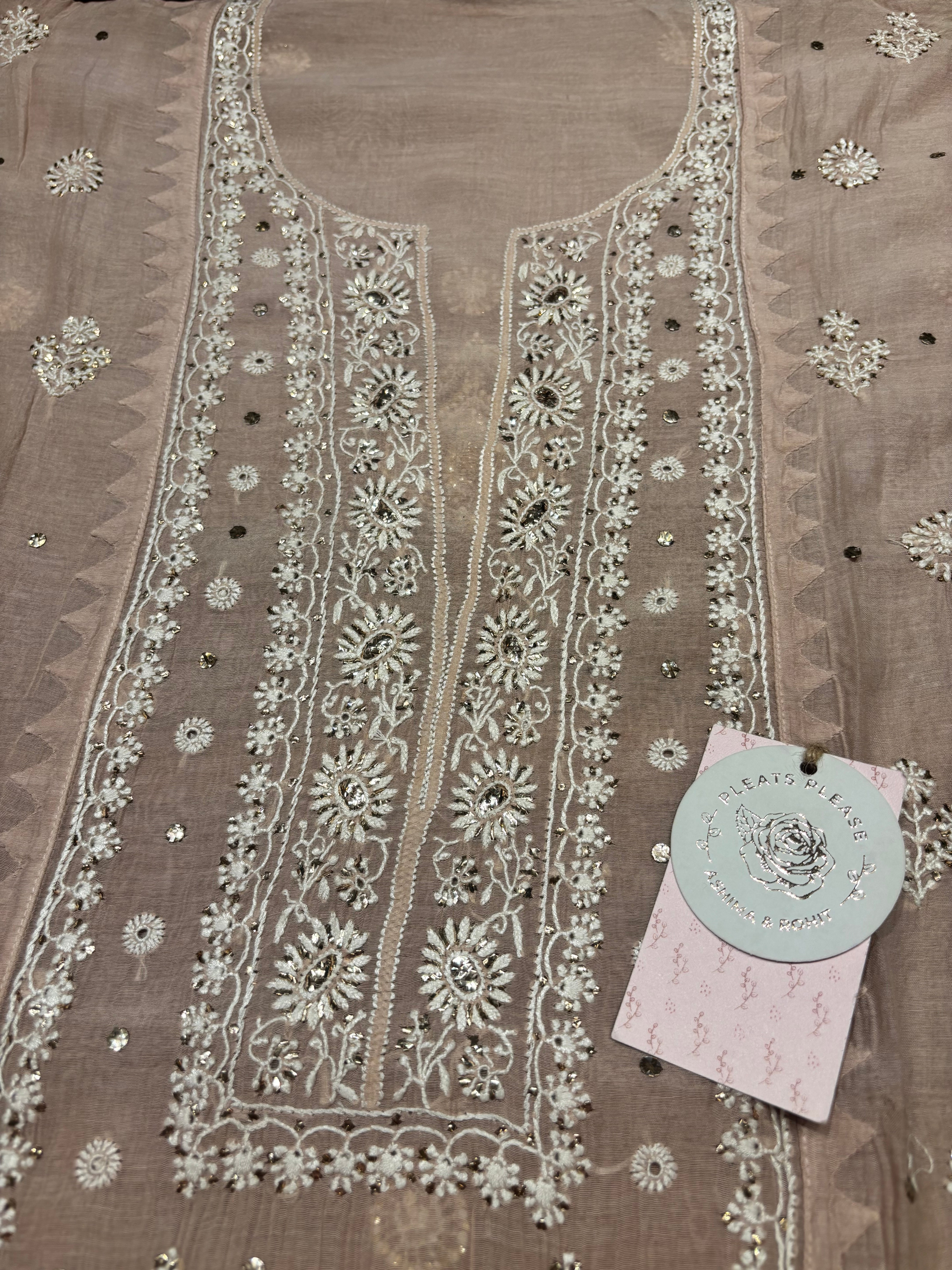 Nude Rose Chanderi Mul Chikankari & Mukaish Kurta & Dupatta Set