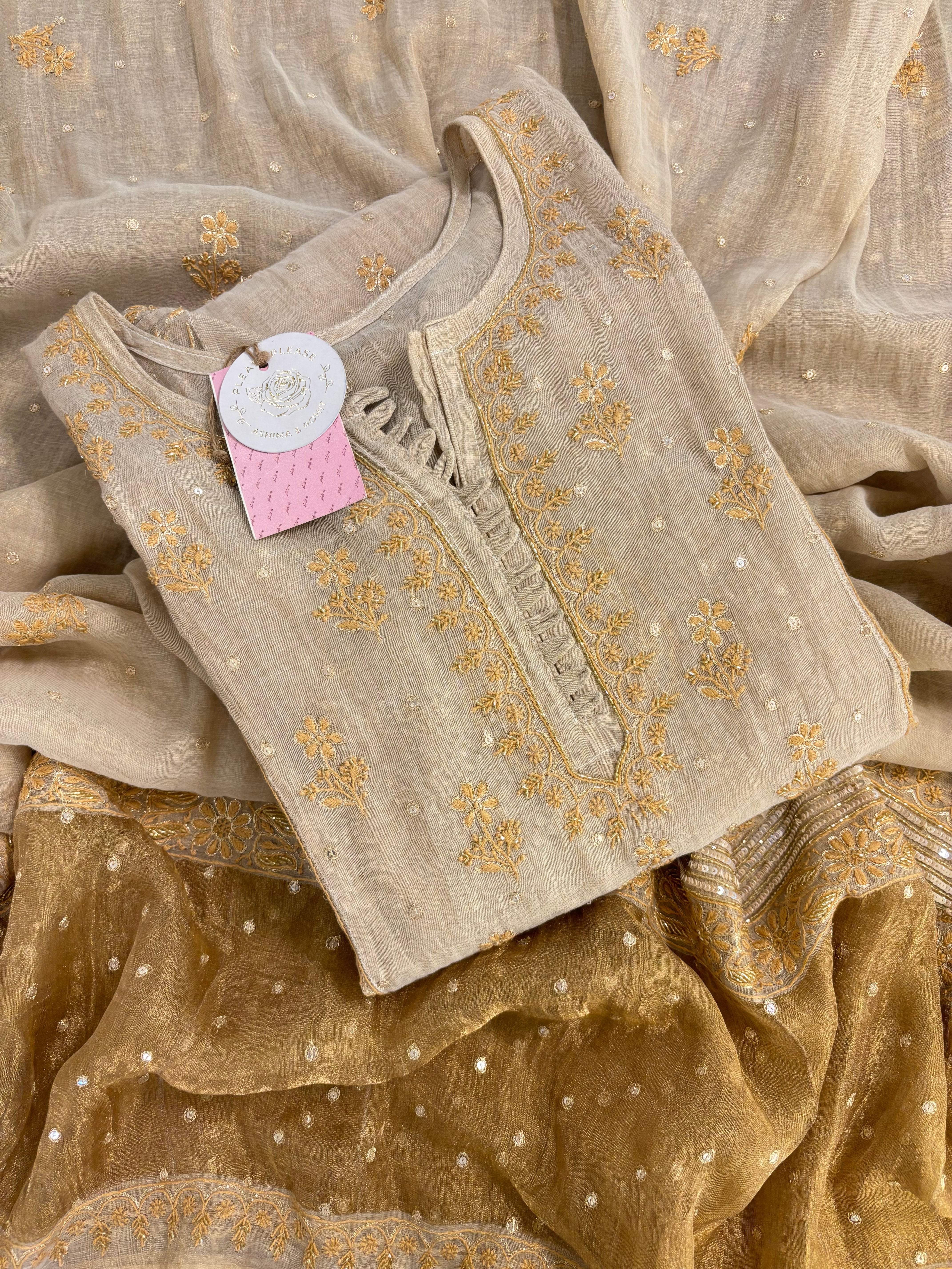 Dyeable Golden Pure & Premium Tissue Chikankari Anarkali and Dupatta