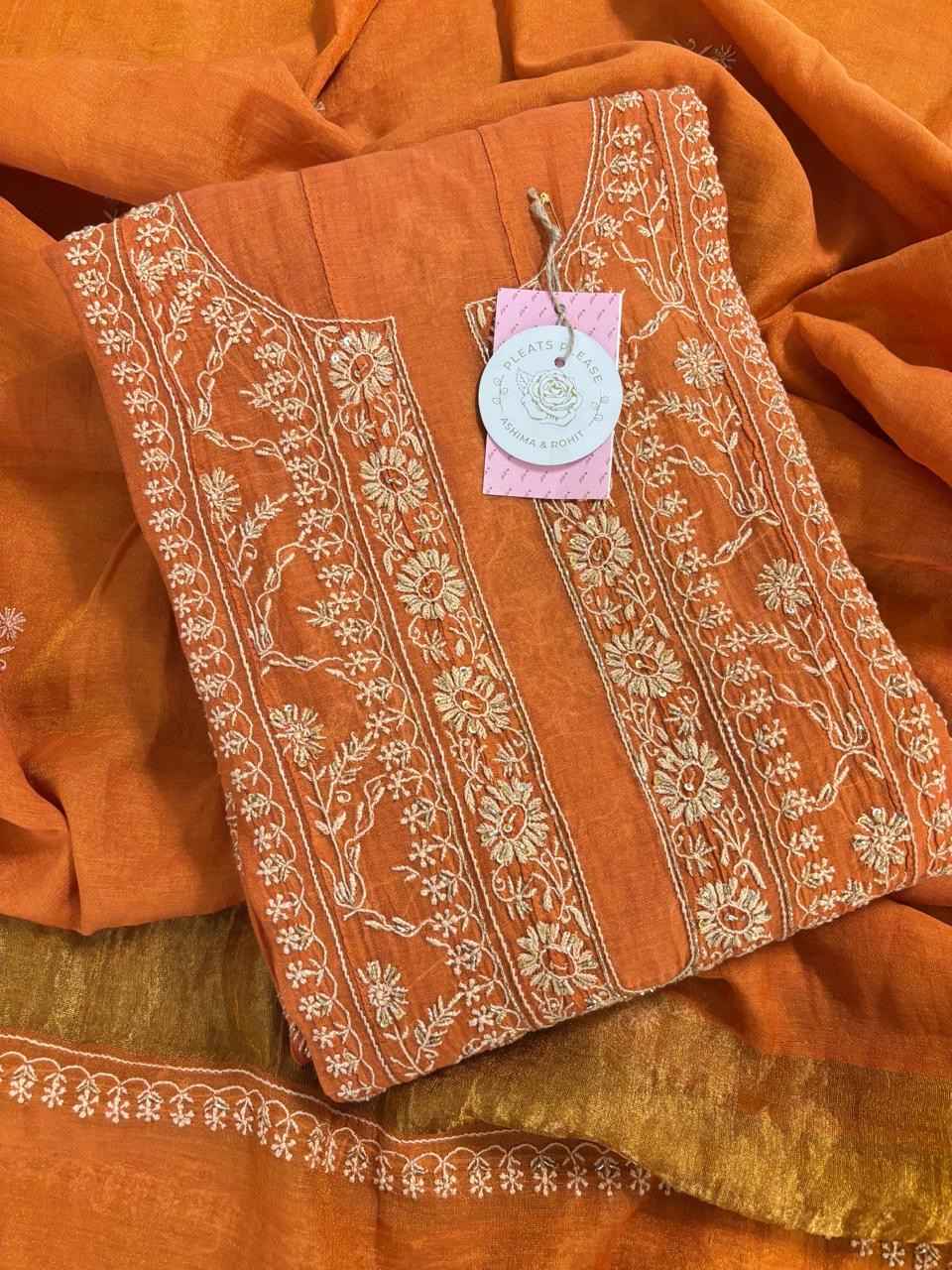 Orange Tissue Chikankari Anarkali kurta Dupatta Set