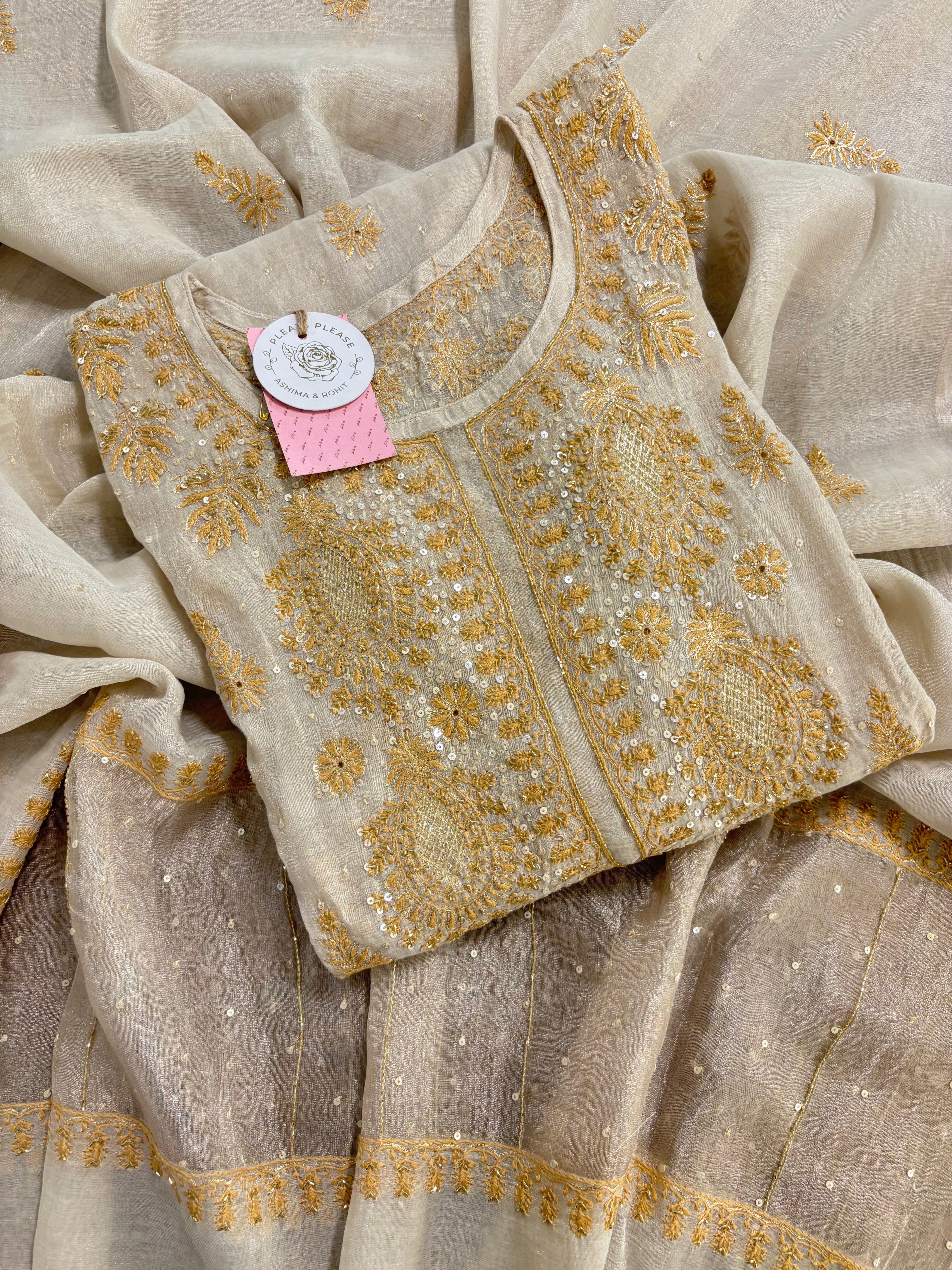 Dyeable Ivory Silver Pure & Premium Tissue Chikankari Kurta & Dupatta