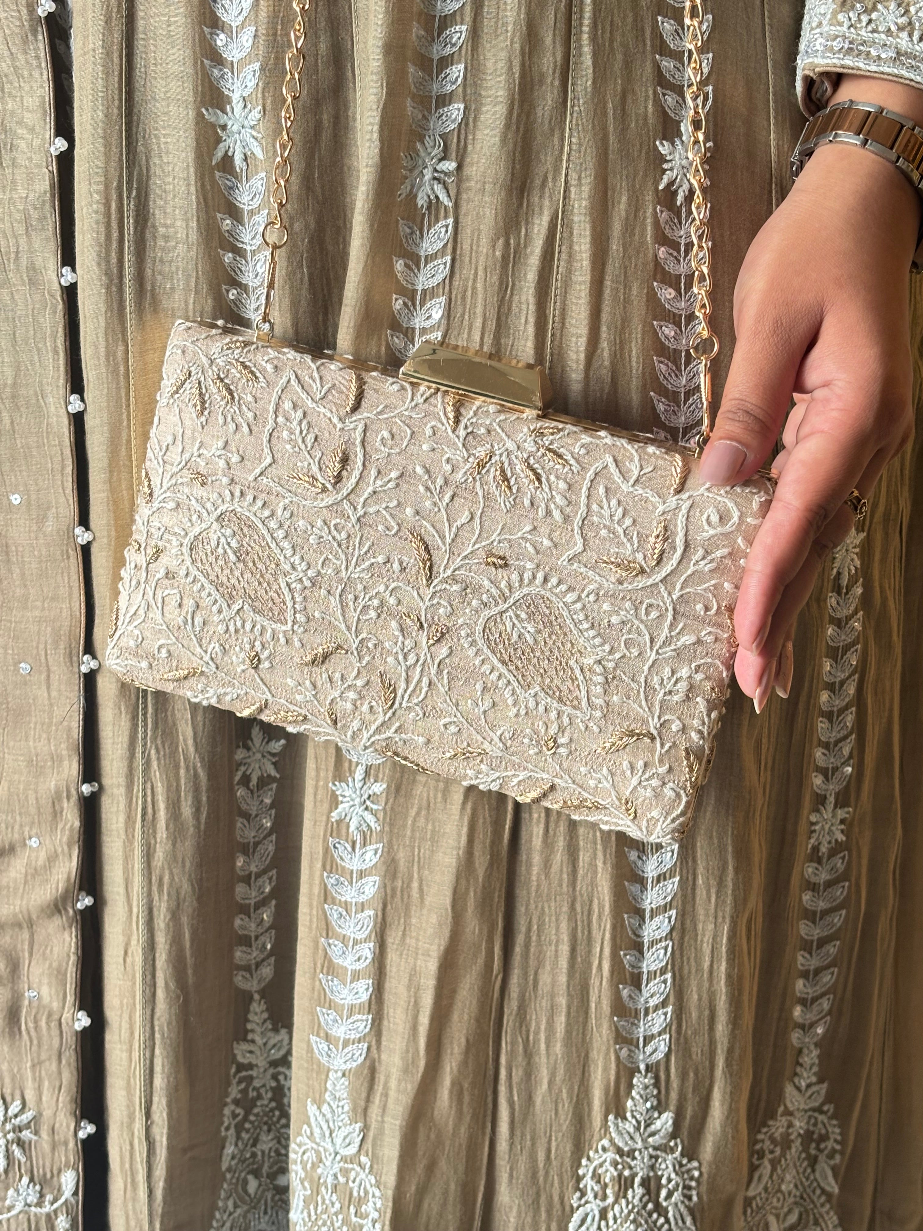Beige Silk Chikankari Clutch