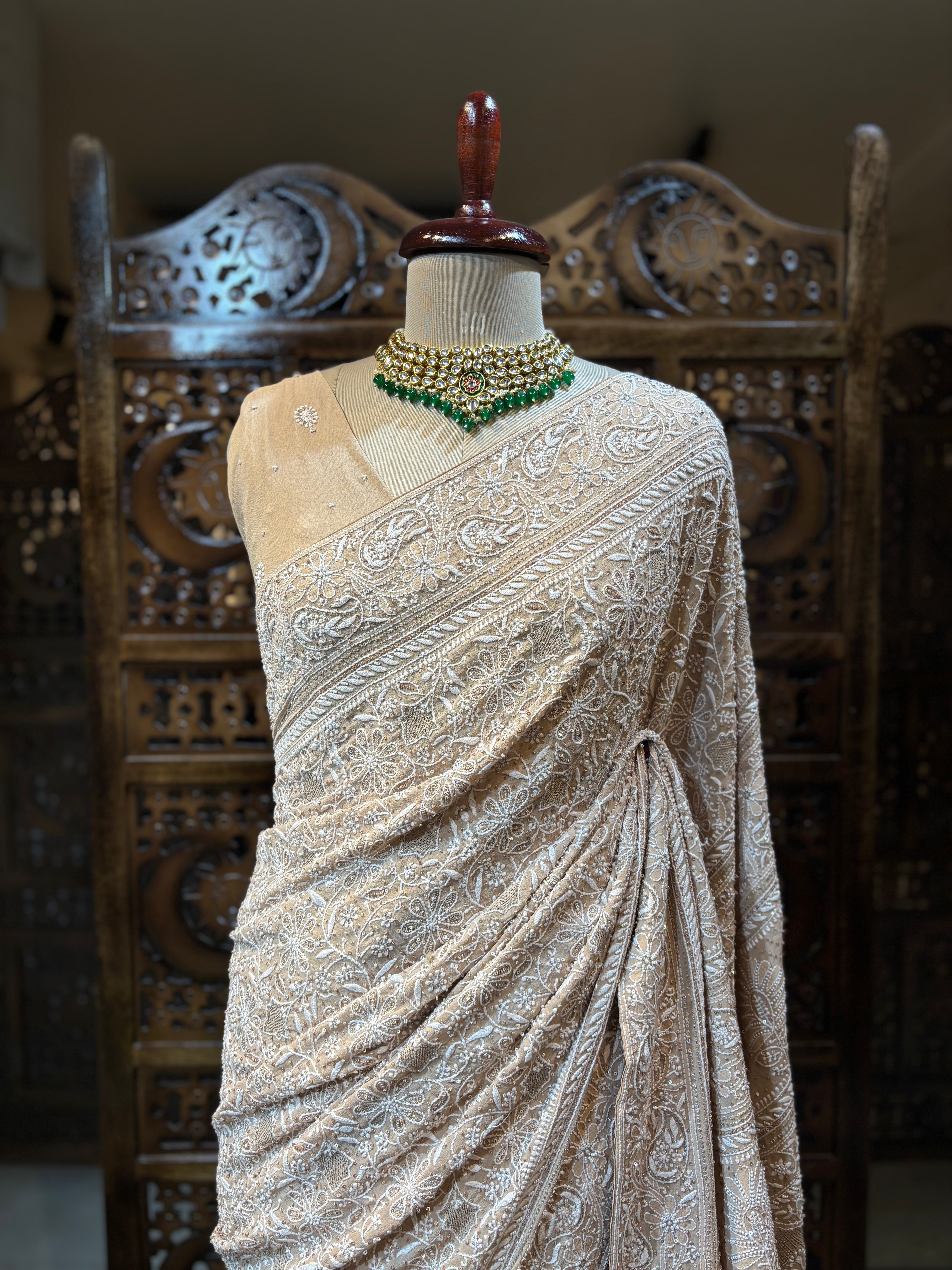 Dusky Beige Pure & Premium Georgette Chikankari Saree