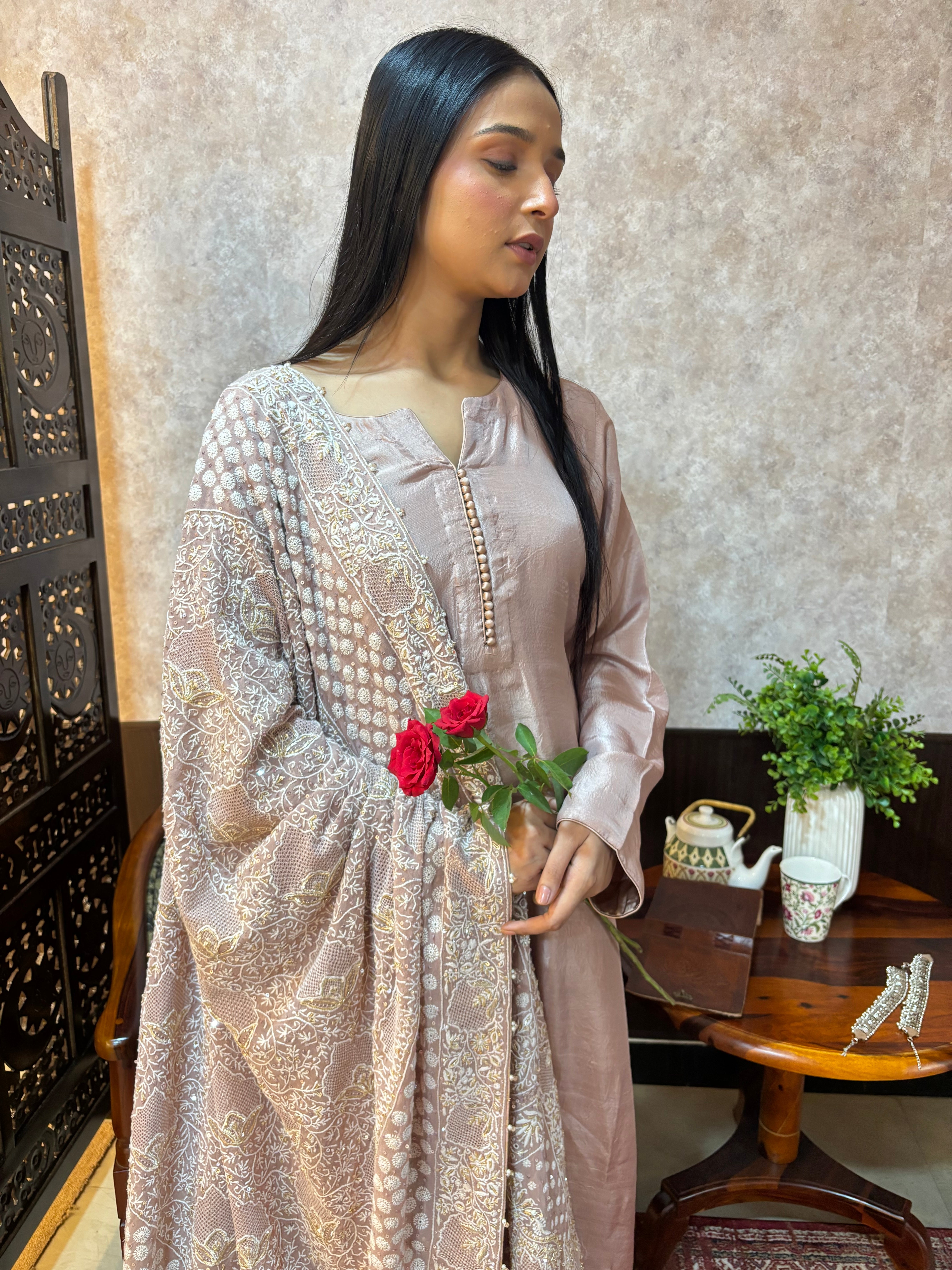 Dusty Rose Gold Pure and Premium Silk kurta and Bottom Georgette Chikankari Dupatta Set