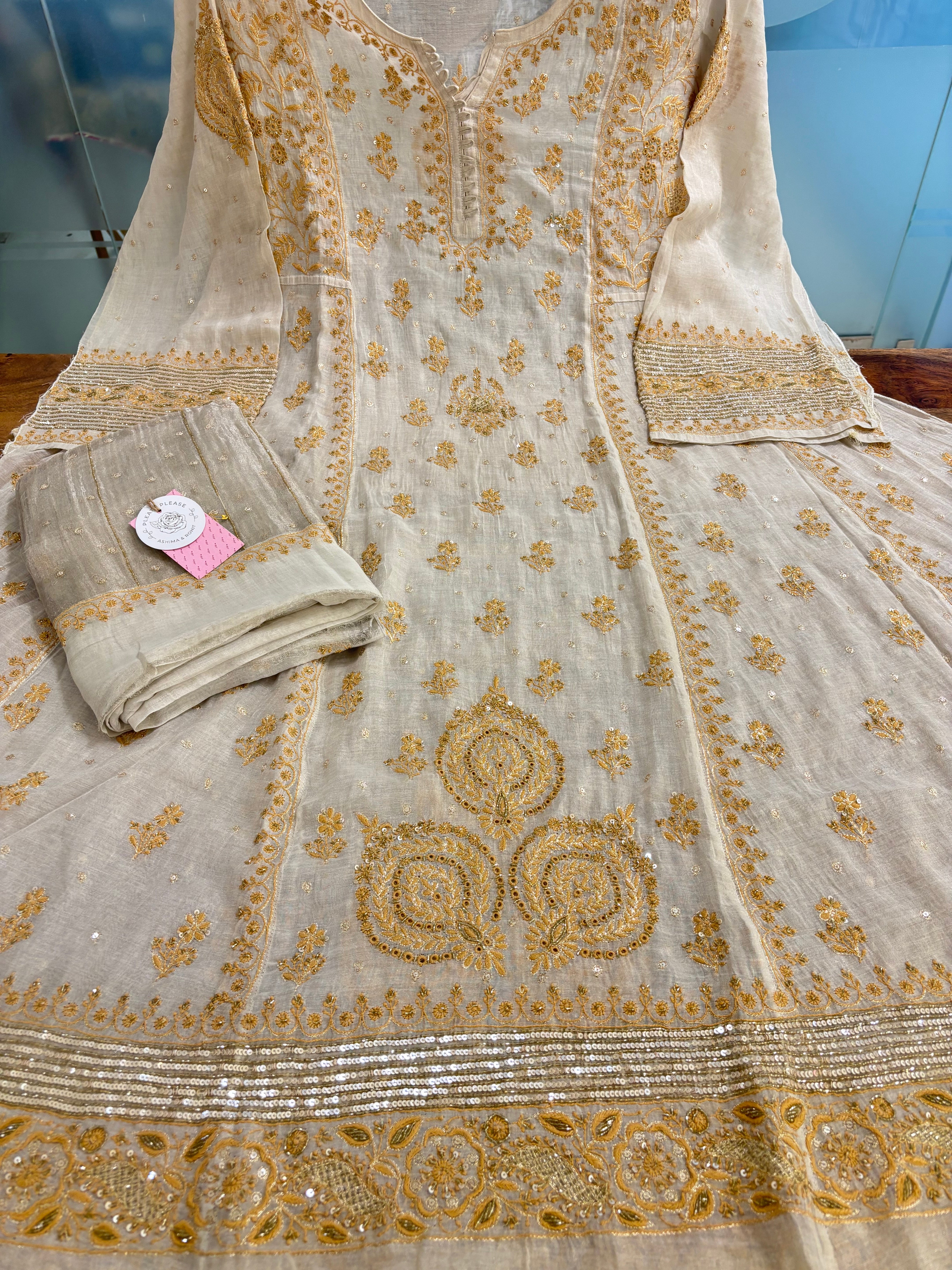 Dyeable Pure & Premium Tissue Ivory Silver Chikankari Anarkali & Dupatta
