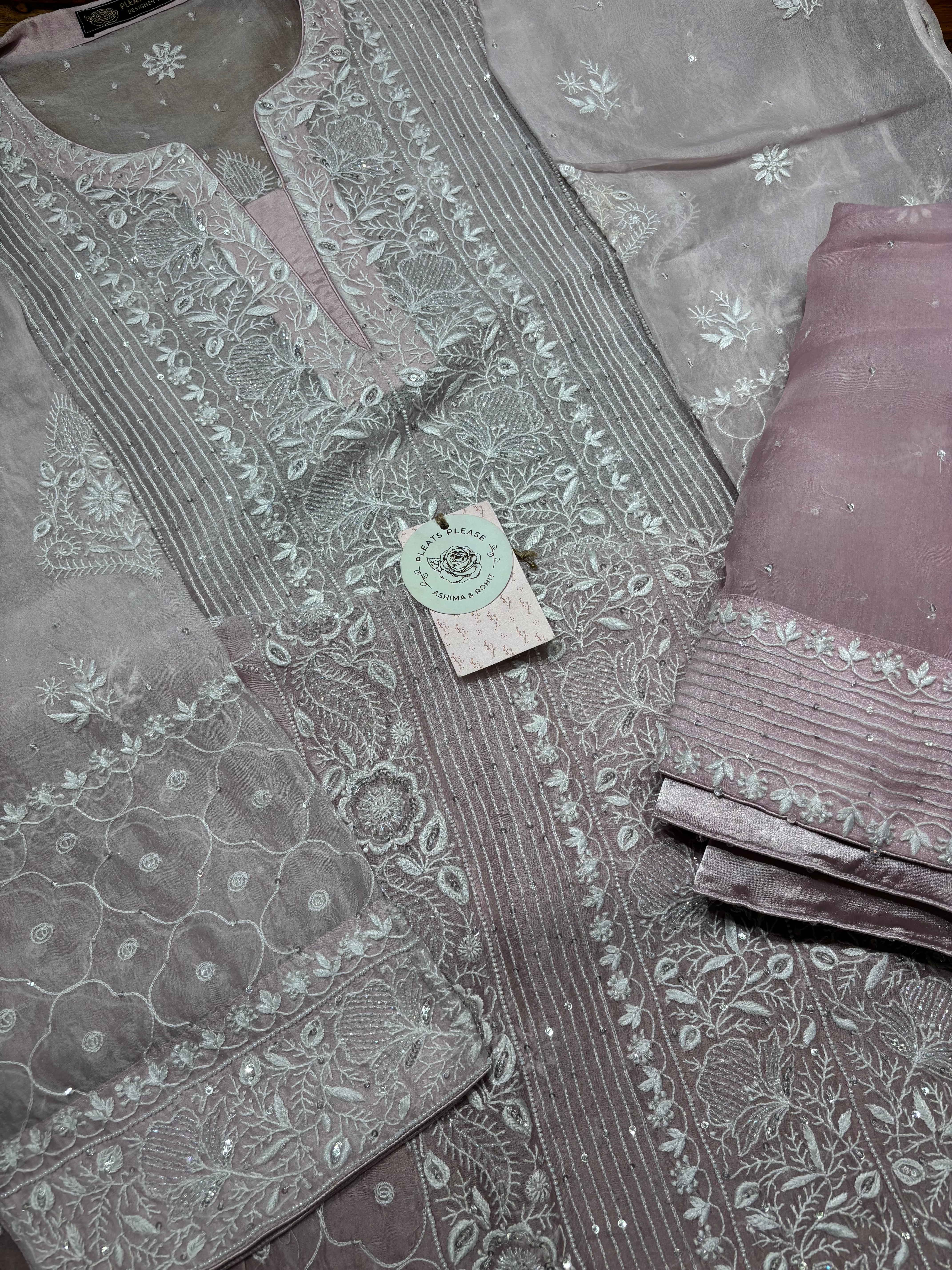 Pink Ombre Pure And Premium Organza Silk Chikankari Kurta And Dupatta Set