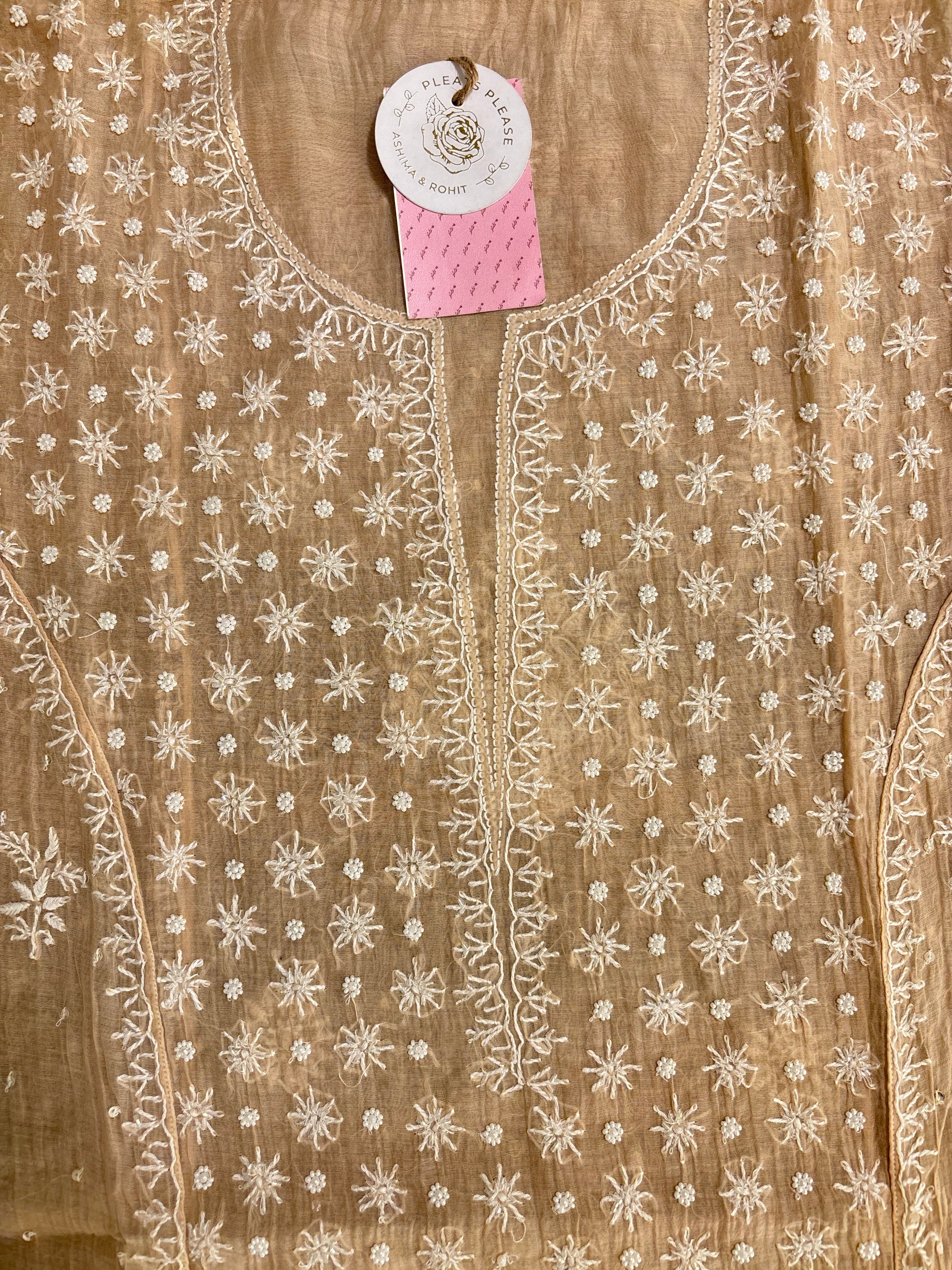 Pastel Peach Chanderi Chikankari Kurta & Dupatta