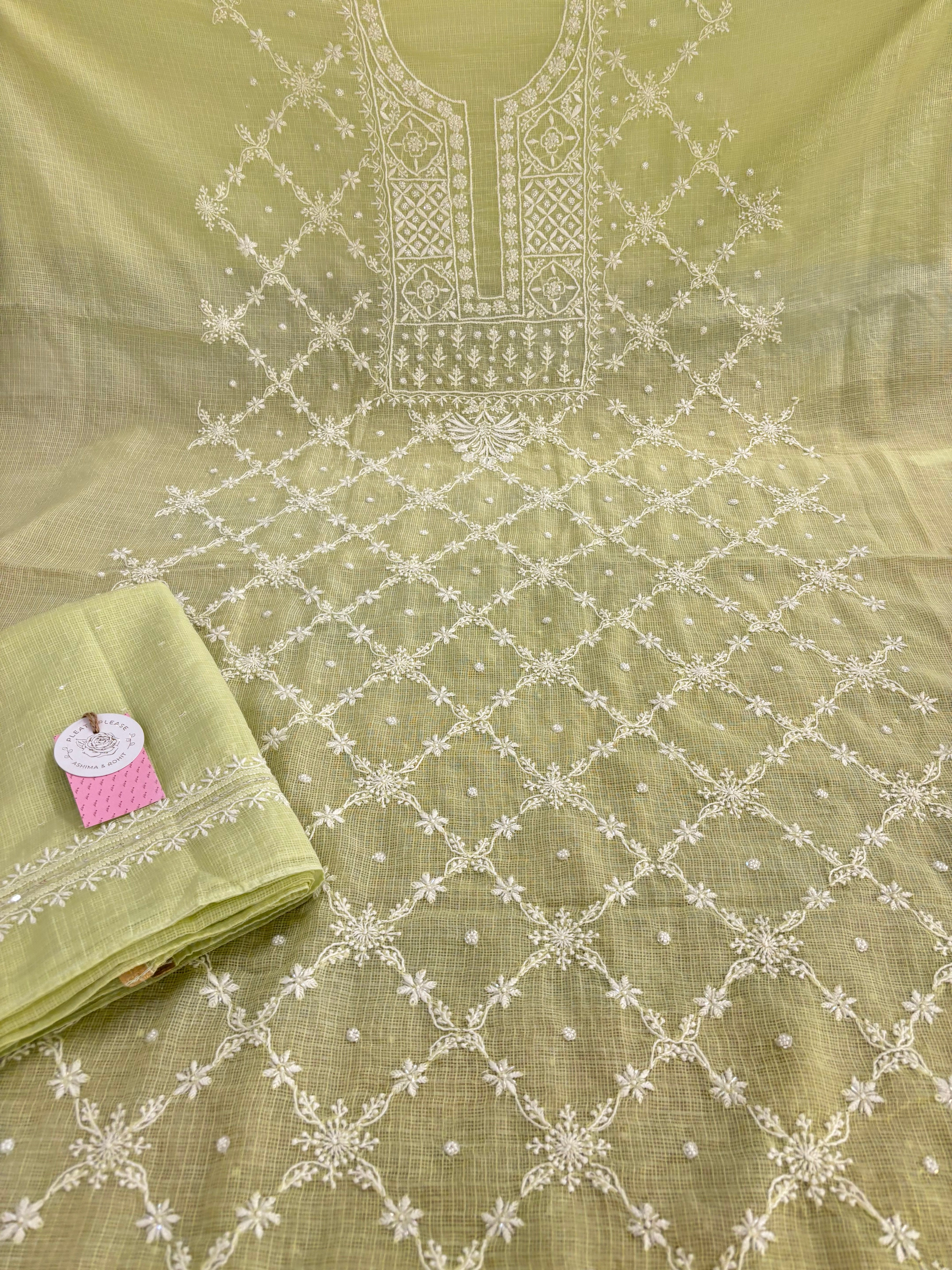 Pistachio Green Kota Doria Chikankari Kurta & Dupatta